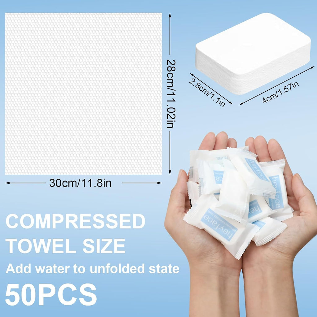 Compressed Towels Tablets (11.8" x11") 50 PCS Disposable Face Towel | Compressed Washcloths for Travel, Soft Compressed Face Towel with Waterproof Case for Daily Use & Camping Essentials
