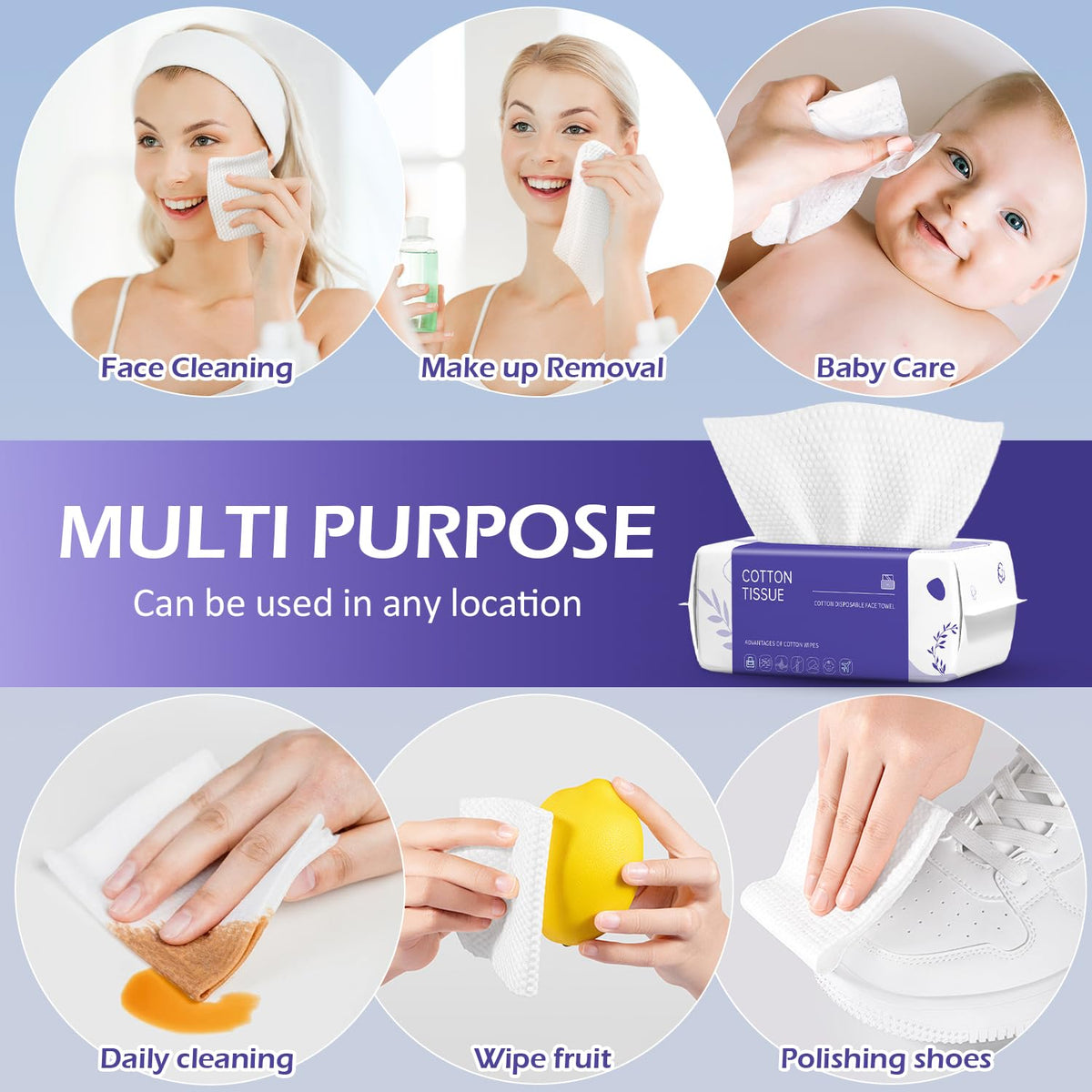 Disposable Face Towel 100 Count, Face Towels, Soft Cotton Dry Wipes Facial Cloths Towelettes for Washing and Drying, Facial Tissue for Cleansing, Skincare and Makeup Remover