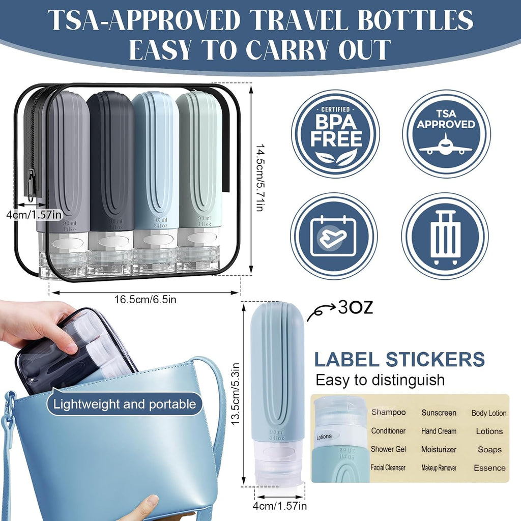 Travel Bottles for Toiletries, 3oz TSA Approved Travel Size Toiletries, Silicone Leak-Proof Refillable Containers, Squeezable Liquid Essentials Bottles W/Clear Bag (GRAY)