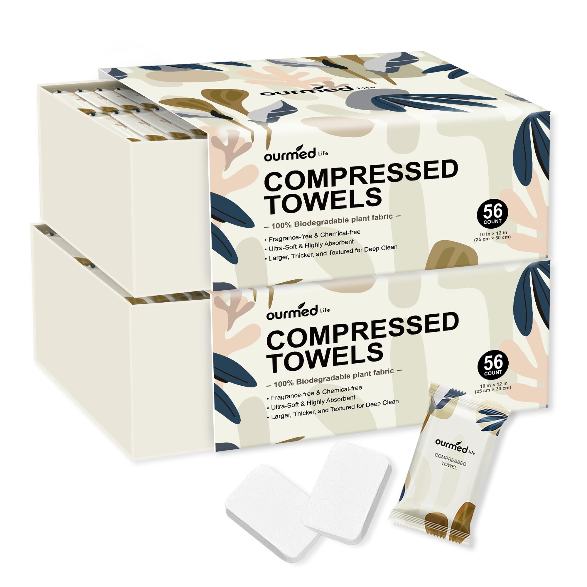 Ourmed Life Compressed Towel, Disposable Washcloths, 12 x 10 Inch, 56 Count | Travel Essential, Individually Wrapped, Biodegradable, Expand with Water, Lint-Free, Dry & Wet Use,Camping and Hiking
