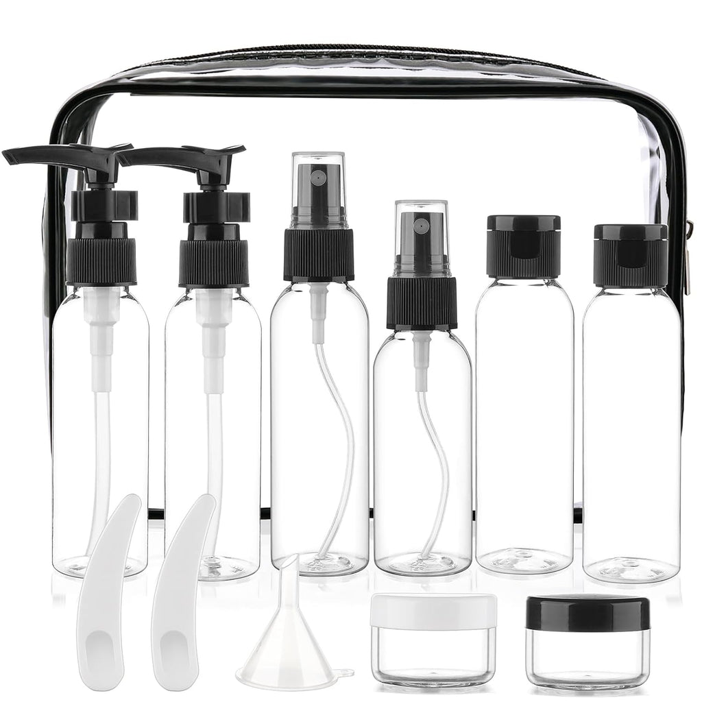 Cosywell 13-Piece 2 oz TSA Approved Travel Bottles for Toiletries Kit | Refillable set Includes Pump, Spray and Flip-cap Bottles, Cream Jars, Spatulas, Funnel and Clear Bag for Shampoo and Lotion