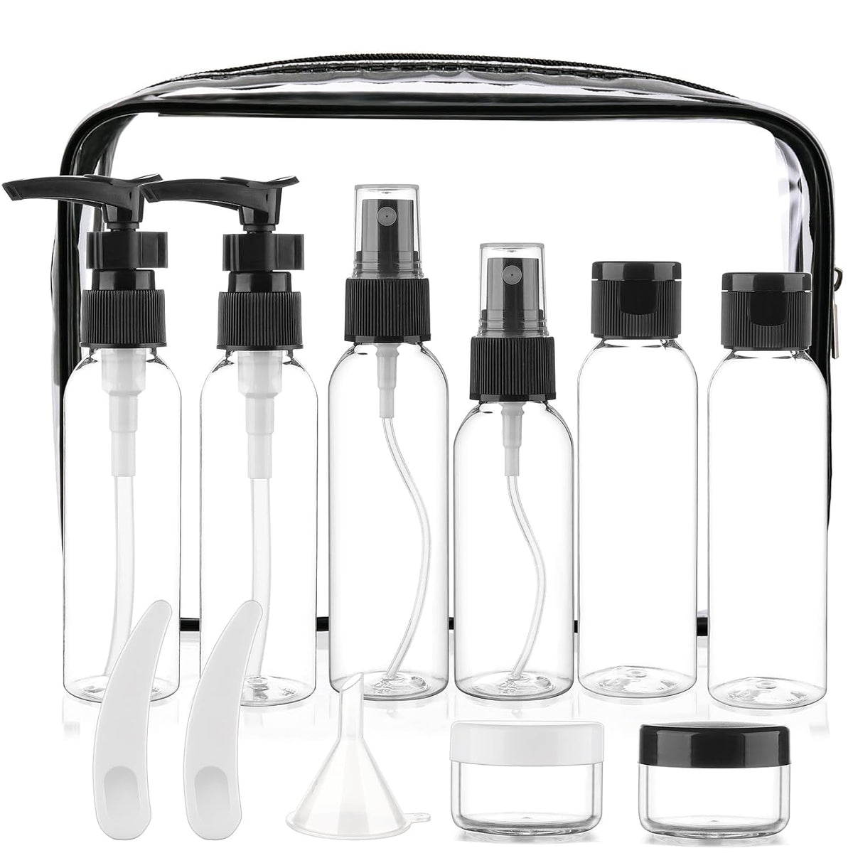 Cosywell 13-Piece 2 oz TSA Approved Travel Bottles for Toiletries Kit | Refillable set Includes Pump, Spray and Flip-cap Bottles, Cream Jars, Spatulas, Funnel and Clear Bag for Shampoo and Lotion