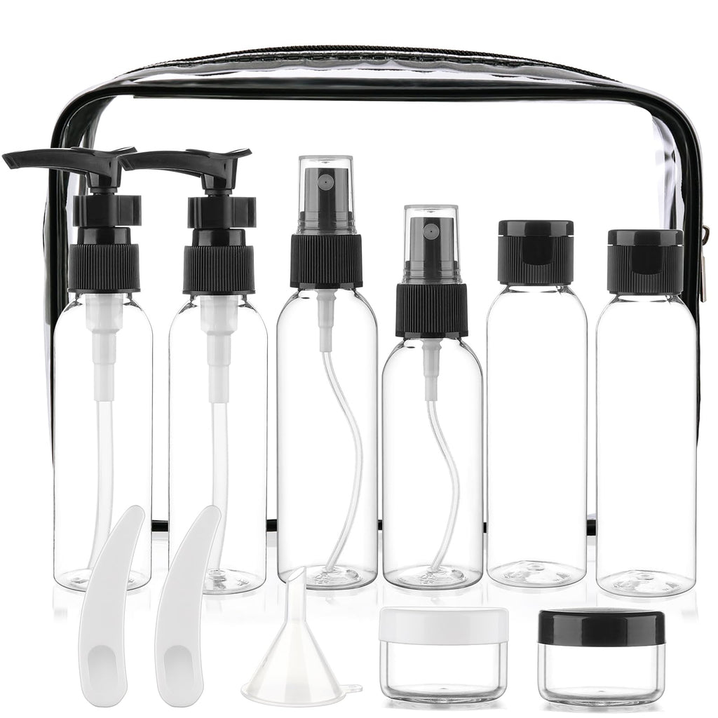 Cosywell 13-Piece 2 oz TSA Approved Travel Bottles for Toiletries Kit | Refillable set Includes Pump, Spray and Flip-cap Bottles, Cream Jars, Spatulas, Funnel and Clear Bag for Shampoo and Lotion
