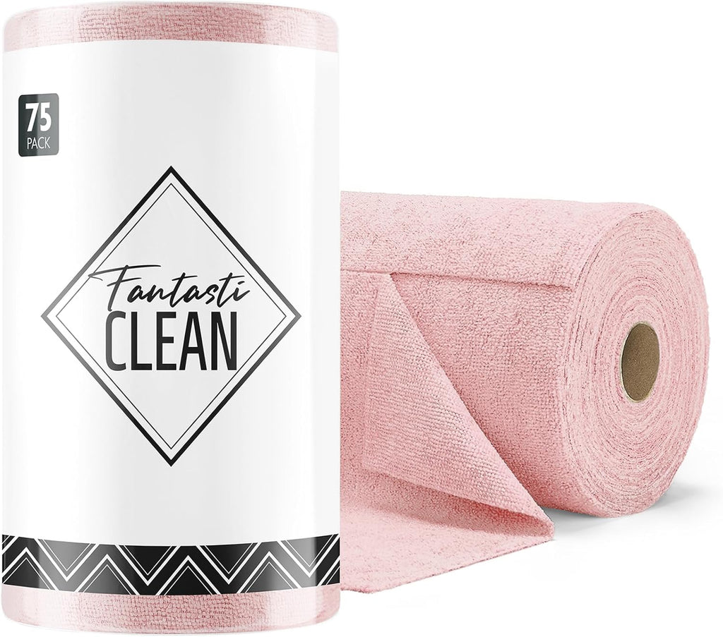 Fantasticlean Microfiber Cleaning Cloth Roll -75 Pack, 12" x 12" (Pink) | Reusable Alternative to Paper Towels, Ultra Absorbent, Lint-free Microfiber Towel Roll, for All-Purpose Cleaning