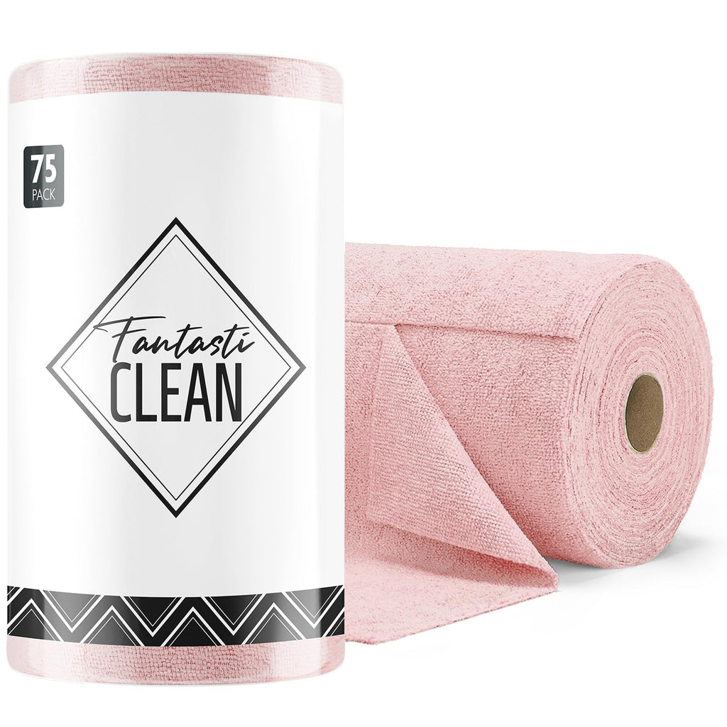 Fantasticlean Microfiber Cleaning Cloth Roll -75 Pack, 12" x 12" (Pink) | Reusable Alternative to Paper Towels, Ultra Absorbent, Lint-free Microfiber Towel Roll, for All-Purpose Cleaning