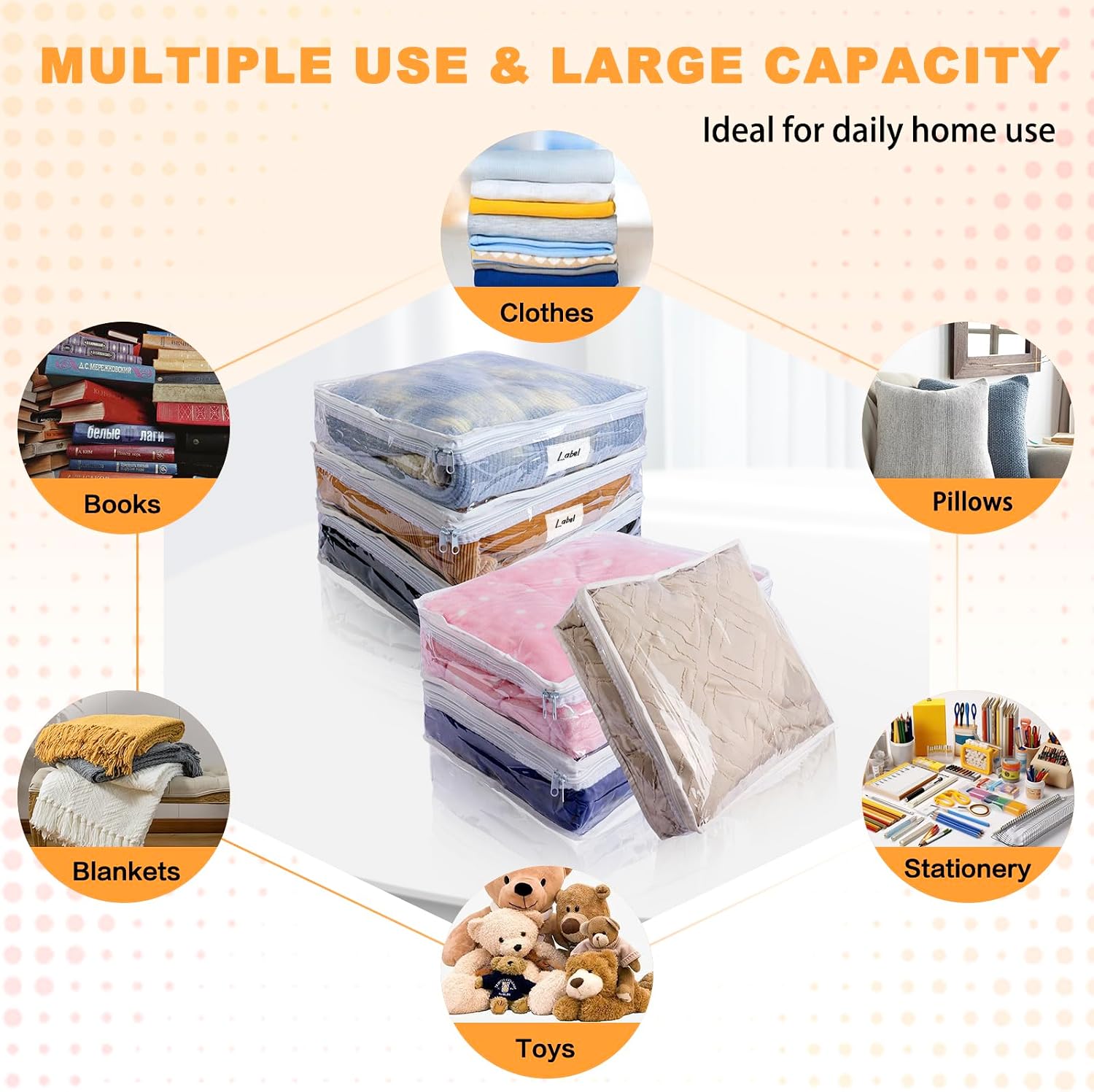 Clear Zippered Plastic Clothes Storage Bags, 6 Pack, White | Clear Storage Bags with Zipper Plastic Storage Bags for Clothes Sweaters Blankets Sheets, Size: 15.7 x 13.8 x 3.9 Inch