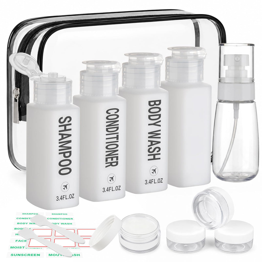 Travel Bottles for Toiletries 14PCS 3.4oz Pre-Printed Containers | Pre-Printed Shampoo, Conditioner, Body Wash, TSA Approved, Wide Mouth, Leak Proof Black Kit, Travel Spray Bottle, Cream Jars