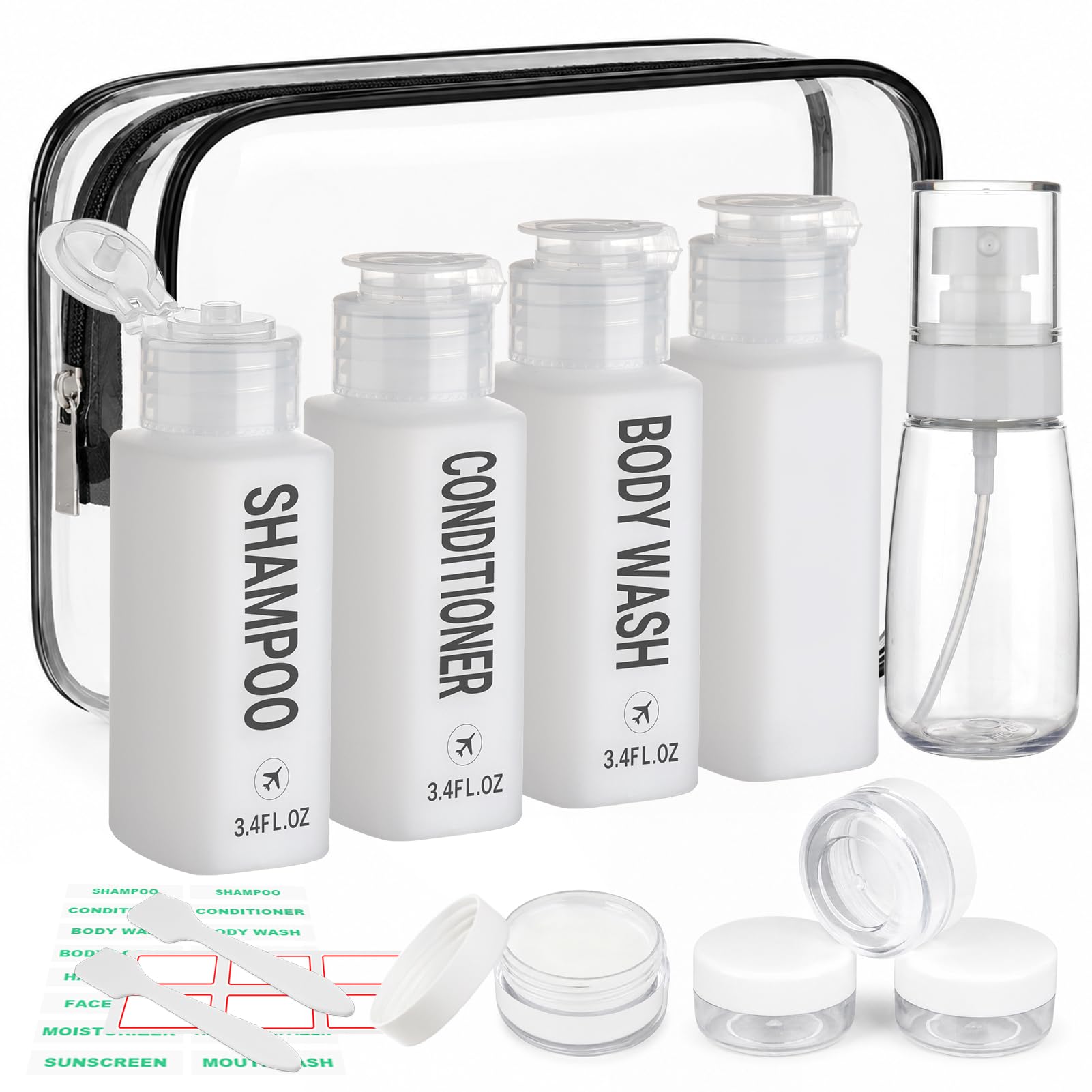 Travel Bottles for Toiletries 14PCS 3.4oz Pre-Printed Containers | Pre-Printed Shampoo, Conditioner, Body Wash, TSA Approved, Wide Mouth, Leak Proof Black Kit, Travel Spray Bottle, Cream Jars