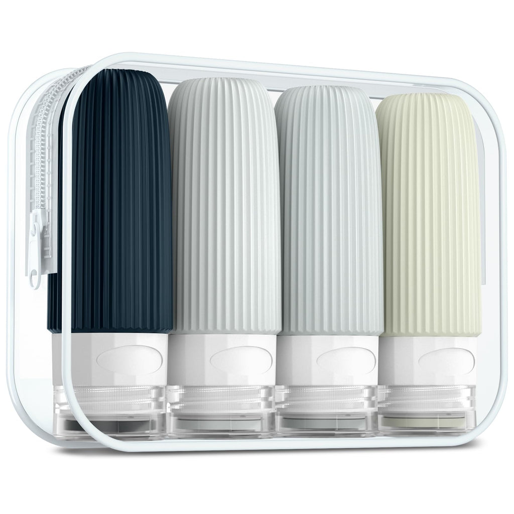 Mrsdry Travel Bottles for Toiletries, Tsa Approved 3oz Portable Travel Bottles, BPA Free Leak Proof Squeezable Silicone Travel Size Containers, Travel Accessories with Clear Toiletry Bag (4 Pack)