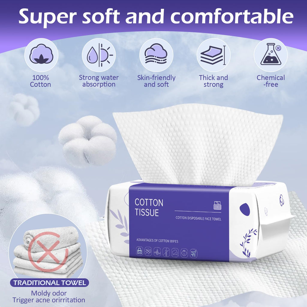 Disposable Face Towel 100 Count, Face Towels, Soft Cotton Dry Wipes Facial Cloths Towelettes for Washing and Drying, Facial Tissue for Cleansing, Skincare and Makeup Remover