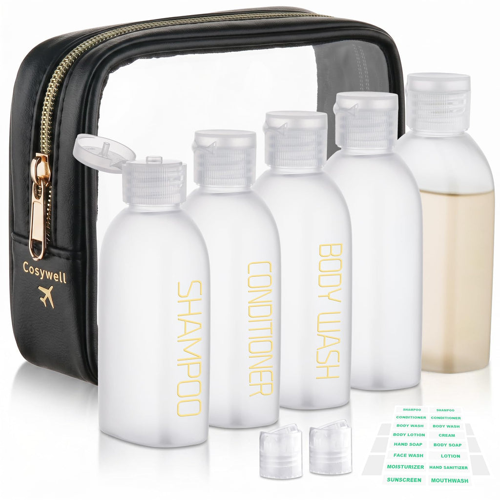 Cosywell 3.4oz 5 Pack Travel Bottles for Toiletries Black Toiletry Bottles | Pre-Printed Shampoo Conditioner & Body Wash, Soft Touch, TSA Approved, Leak Proof, Includes Flip Caps and a Toiletry Bag