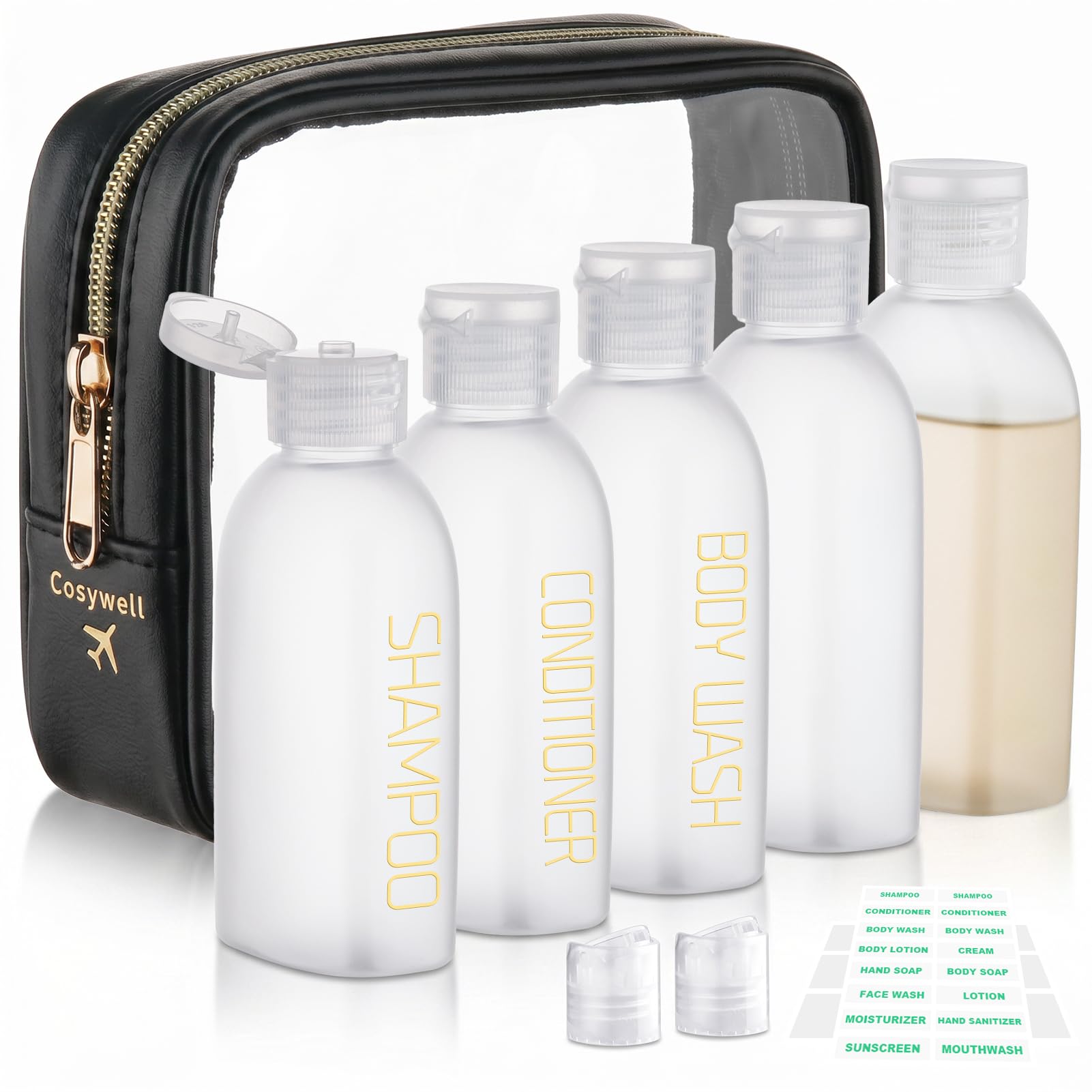 Cosywell 3.4oz 5 Pack Travel Bottles for Toiletries Black Toiletry Bottles | Pre-Printed Shampoo Conditioner & Body Wash, Soft Touch, TSA Approved, Leak Proof, Includes Flip Caps and a Toiletry Bag