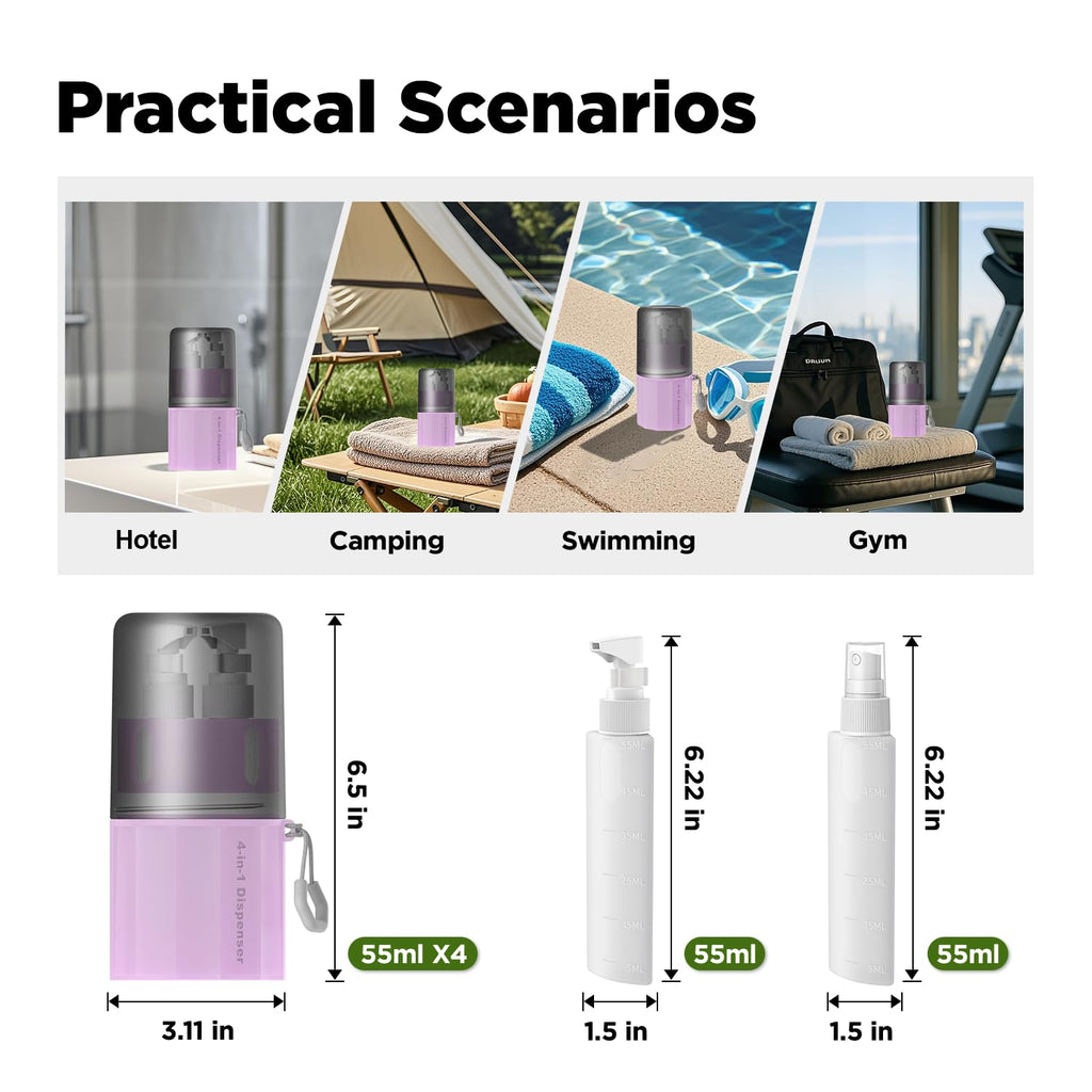 YOTIME 4in1 Travel Dispenser Bottle, TSA Approved Travel Size Containers | TSA Approved, Vacuum Suction for Smooth Walls, Leak-Proof, Ideal for Hotel, Gym, Camping, Pink