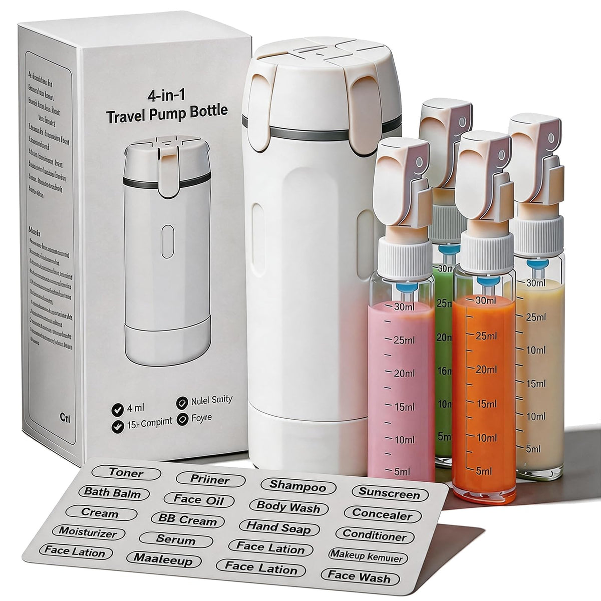 4 in 1 Travel Dispenser Bottle,4 Pack 30ML Travel Bottles for Toiletries, Leak Proof Travel Size Containers (Black, OneSize)