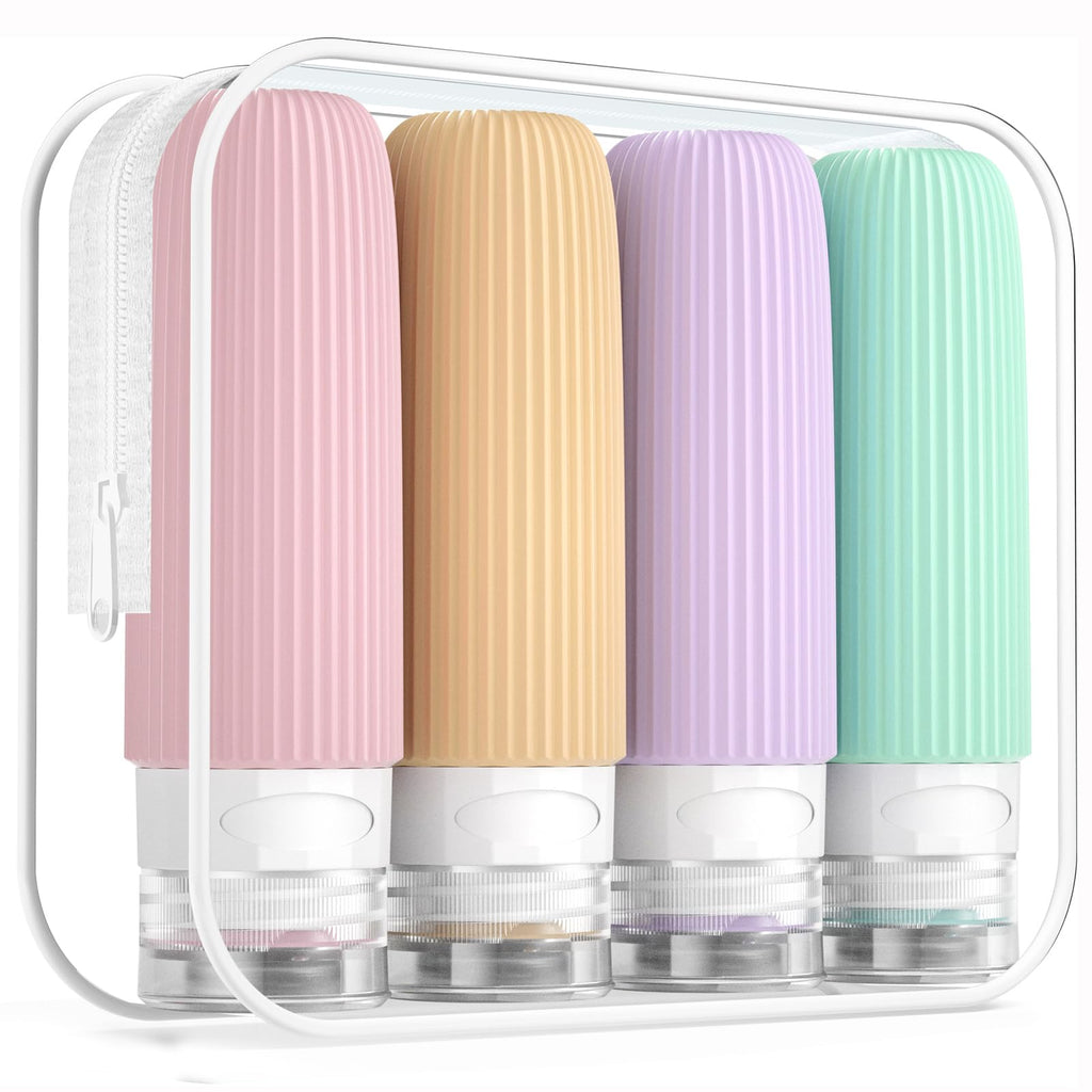 Mrsdry Travel Bottles for Toiletries, Tsa Approved 3oz Portable Travel Bottles, BPA Free Leak Proof Squeezable Silicone Travel Size Containers, Travel Accessories with Clear Toiletry Bag (4 Pack)