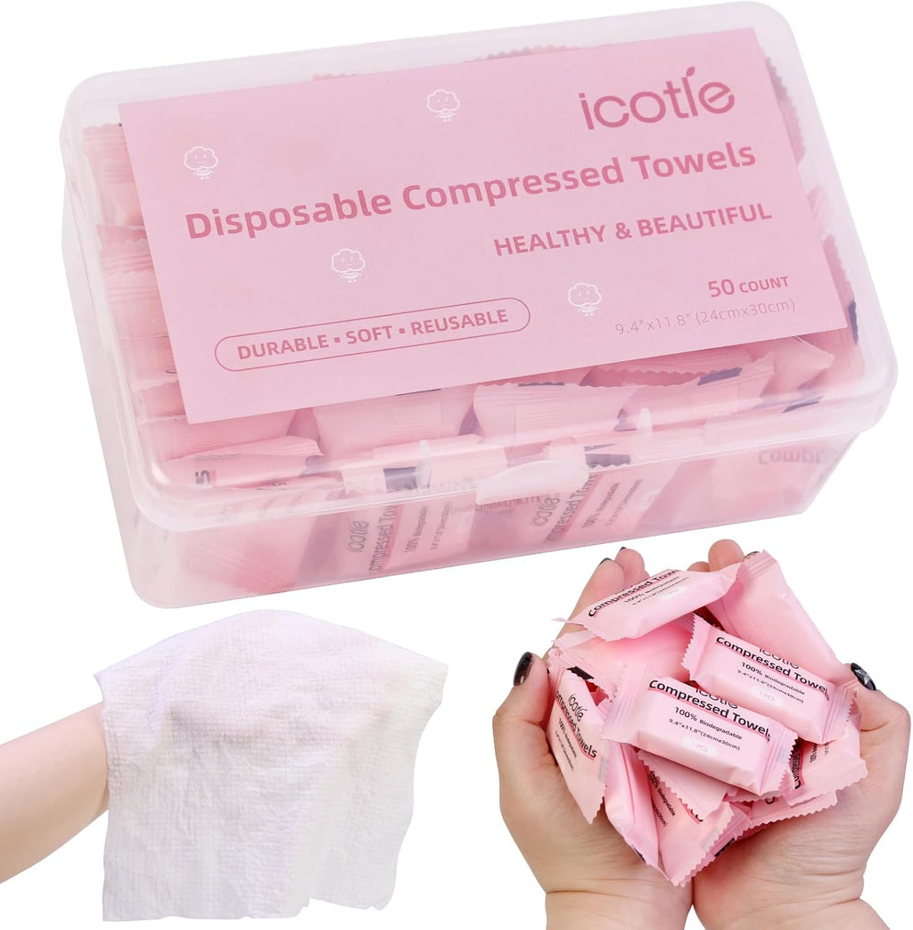 ICOTLE 50 Pcs Compressed Towels Disposable Cotton Coin Tissue Pack, Portable Face Cloths, Soft Thick Expandable Wash Towels for Travel, Home, Camping, Outdoor, Gym, Makeup Removal