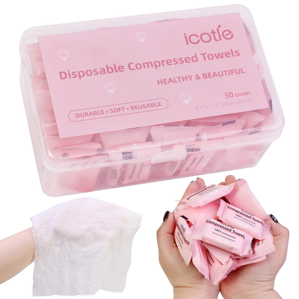ICOTLE 50 Pcs Compressed Towels Disposable Cotton Coin Tissue Pack, Portable Face Cloths, Soft Thick Expandable Wash Towels for Travel, Home, Camping, Outdoor, Gym, Makeup Removal
