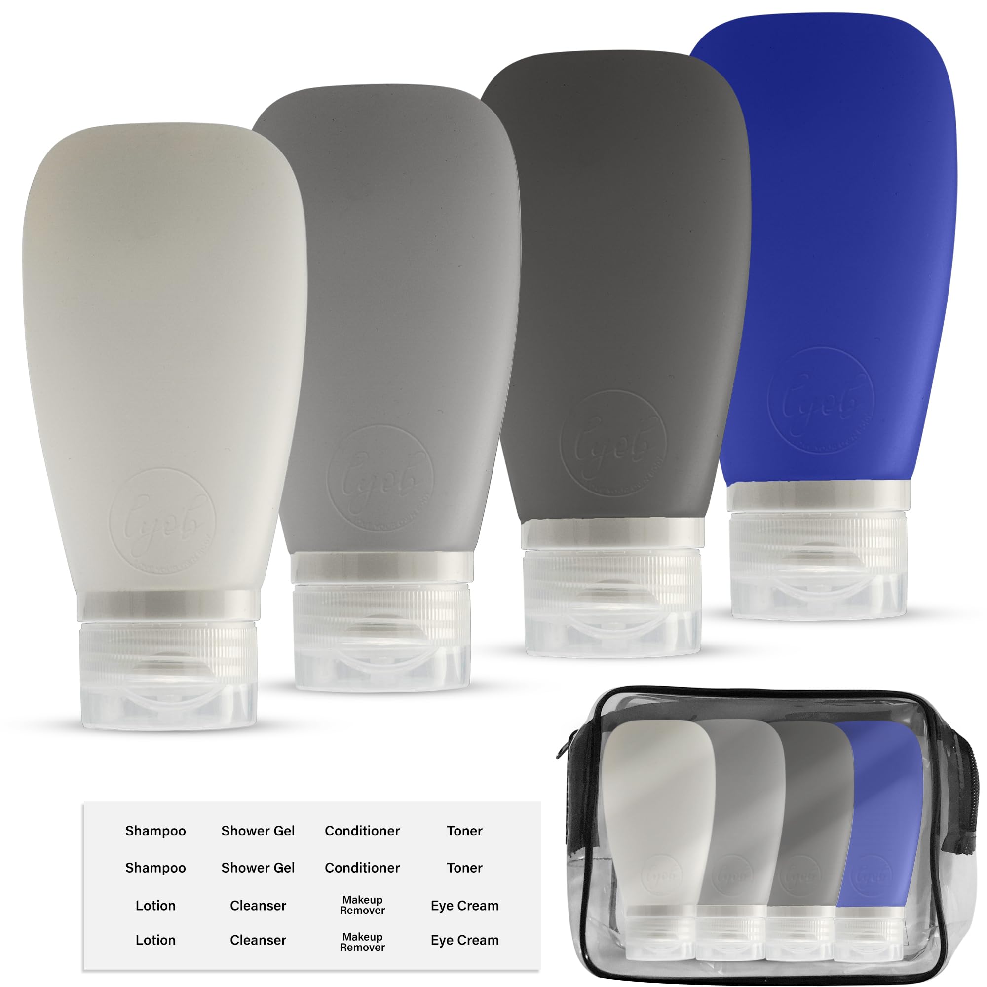 Travel Bottles for Toiletries, TSA Approved 3oz (90ml) Leak Proof Silicone Refillable Squeeze Travel Size Containers BPA Free for Cleansers, Lotions, Shampoo 3-pk (Black-Gray-White)