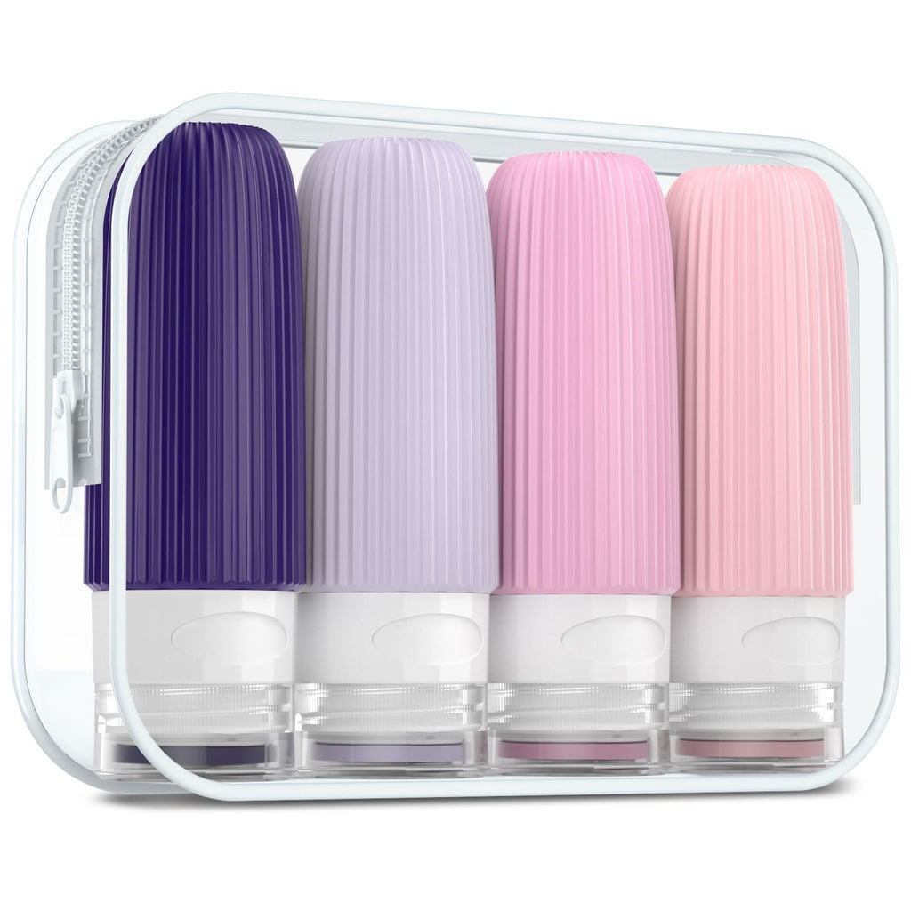 Mrsdry Travel Bottles for Toiletries, Tsa Approved 3oz Portable Travel Bottles, BPA Free Leak Proof Squeezable Silicone Travel Size Containers, Travel Accessories with Clear Toiletry Bag (4 Pack)