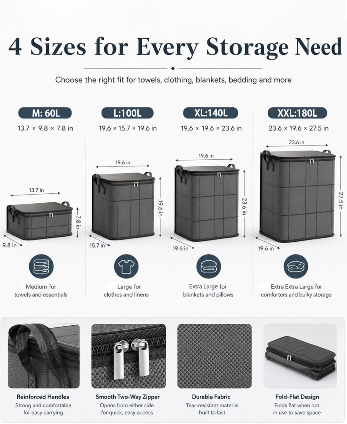 XXL Foldable Storage Bag with Reinforced Handles, Extra Large Portable Moving Storage Bags, Spacious Moving Storage Bin, Clothes Storage Containers for Bedroom, Closet, Clothing, Comforter，XXL: 180L：3