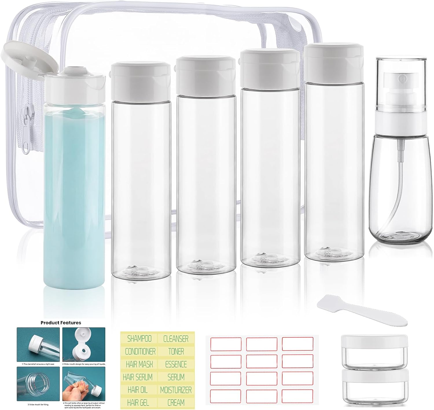 Travel Bottles for Toiletries 9 PCS 3.4oz Wide Mouth Clear Bottles | Wide Mouth, TSA Approved, Leak Proof, 0.35oz Cream Jars, 2oz Spray Bottle, for Shampoo, with lable, and a Toiletry Bag