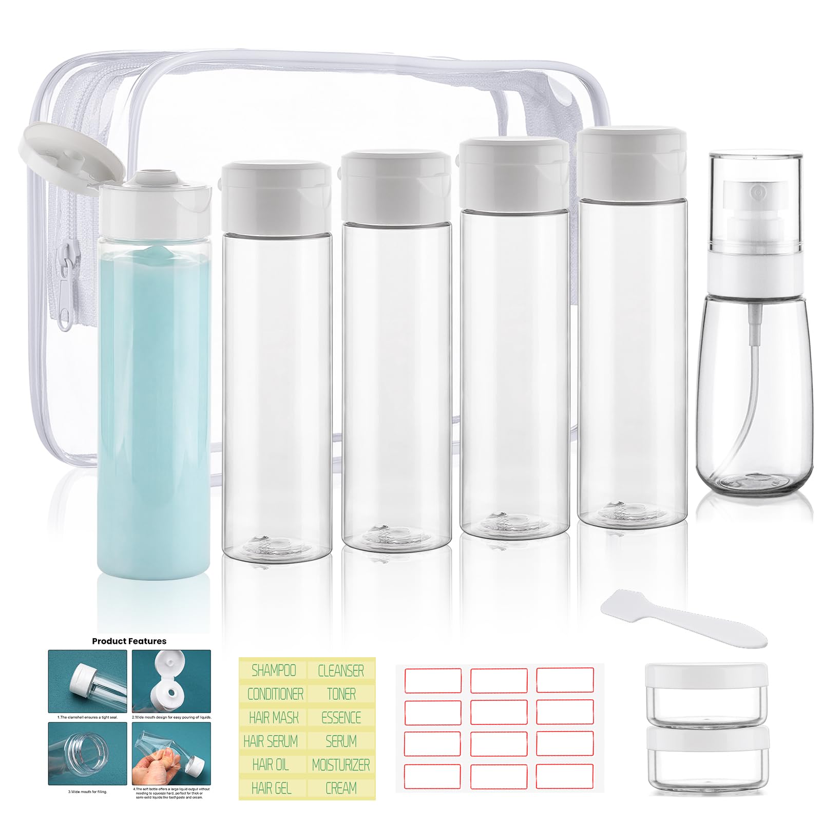 Travel Bottles for Toiletries 9 PCS 3.4oz Wide Mouth Clear Bottles | Wide Mouth, TSA Approved, Leak Proof, 0.35oz Cream Jars, 2oz Spray Bottle, for Shampoo, with lable, and a Toiletry Bag