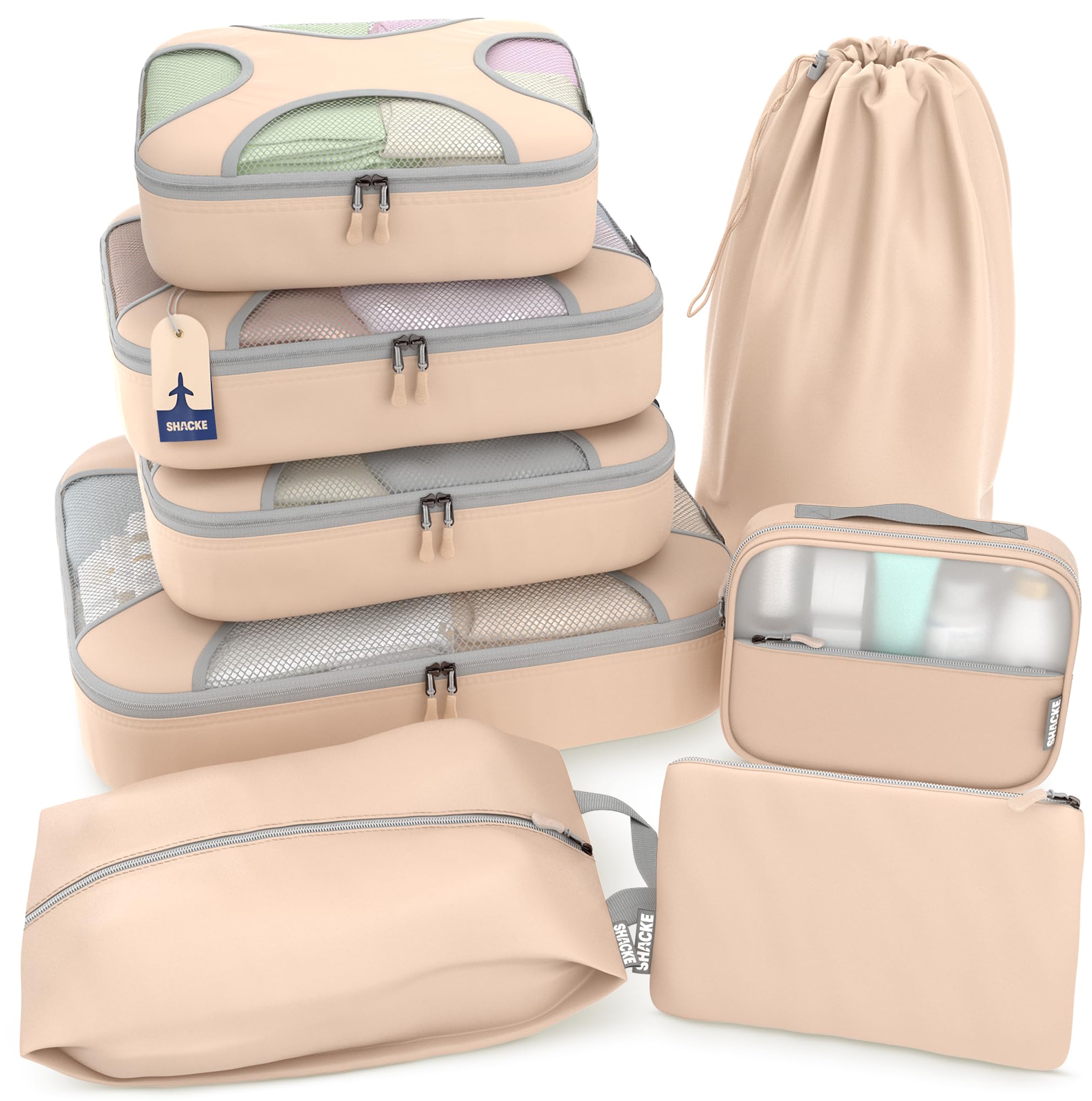 Shacke 5 Set Packing Cubes for Travel with Laundry Bag (Pure Black) | Suitcase Organizer Bags Set: 4 Water-Resistant Luggage Cubes, XL to Small, + Laundry Bag for Carry-On or Checked