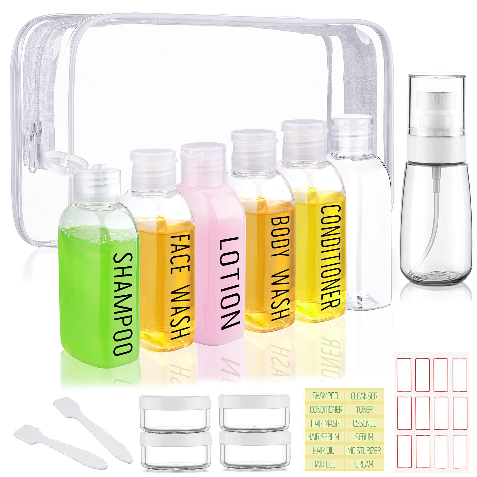 Travel Kit 10 PCS Travel Bottles for Toiletries TSA Approved Bottle | Leak Proof, Brown Pre-printed, Plastic 0.35oz Cream Jar, 2oz Spray Bottle for Hair Care, Shampoo, Conditioner, a Toiletry Bag
