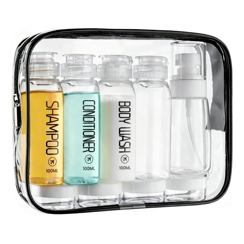 Cosywell Travel Bottles for Toiletries 10PCS 100ml/3.4oz Pre-Printed Shampoo, Conditioner & Body Wash TSA Approved 2oz Spray Bottle Leakproof 0.35oz Plastic Cream Jars Refillable Cream Lotion(Black)