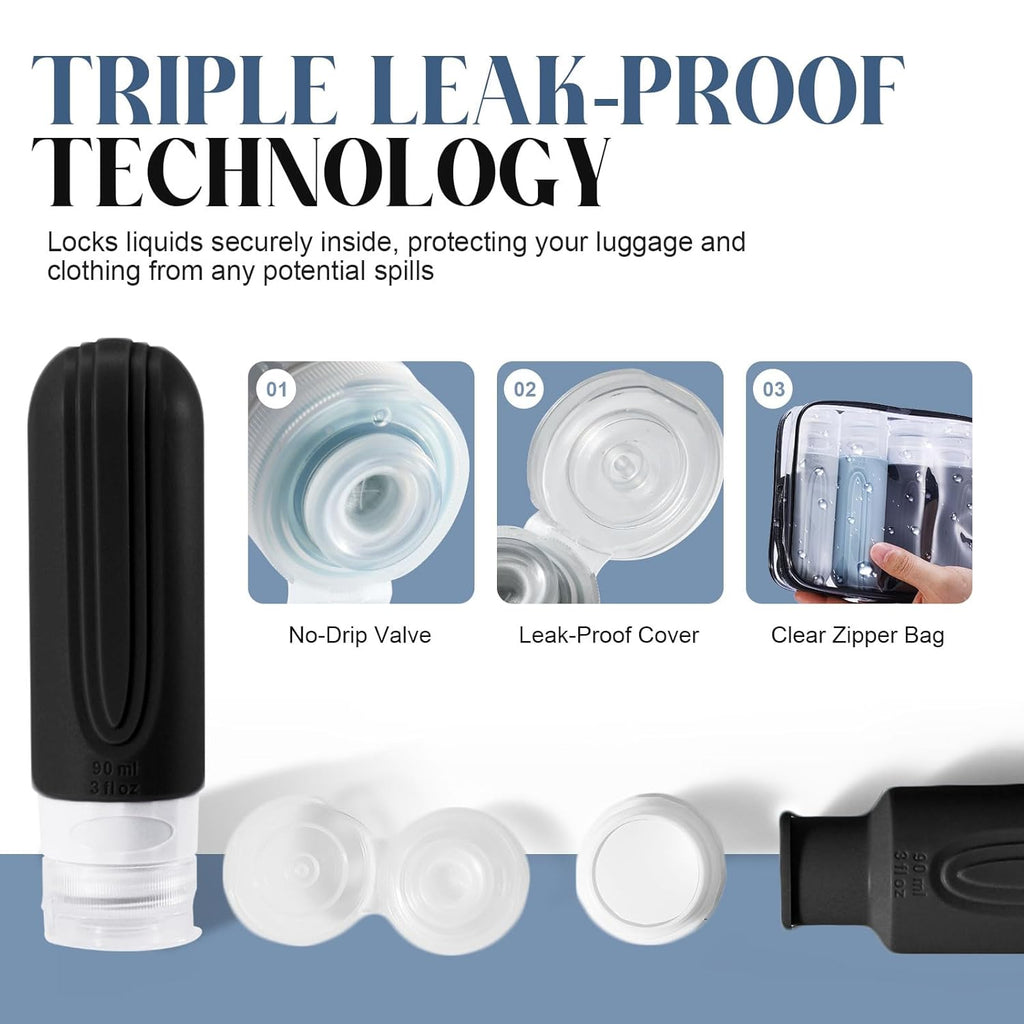 Travel Bottles for Toiletries, 3oz TSA Approved Travel Size Toiletries, Silicone Leak-Proof Refillable Containers, Squeezable Liquid Essentials Bottles W/Clear Bag (GRAY)
