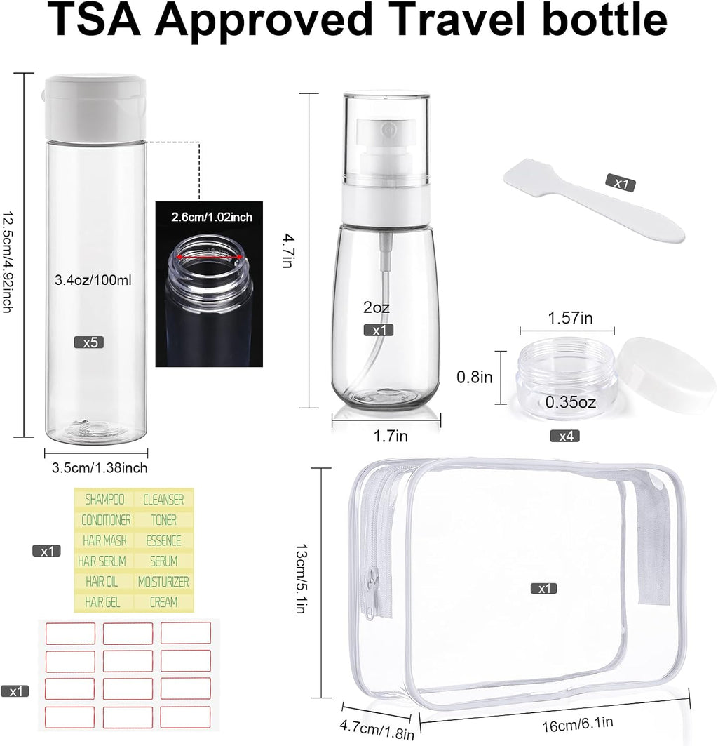 Travel Bottles for Toiletries 9 PCS 3.4oz Wide Mouth Clear Bottles | Wide Mouth, TSA Approved, Leak Proof, 0.35oz Cream Jars, 2oz Spray Bottle, for Shampoo, with lable, and a Toiletry Bag