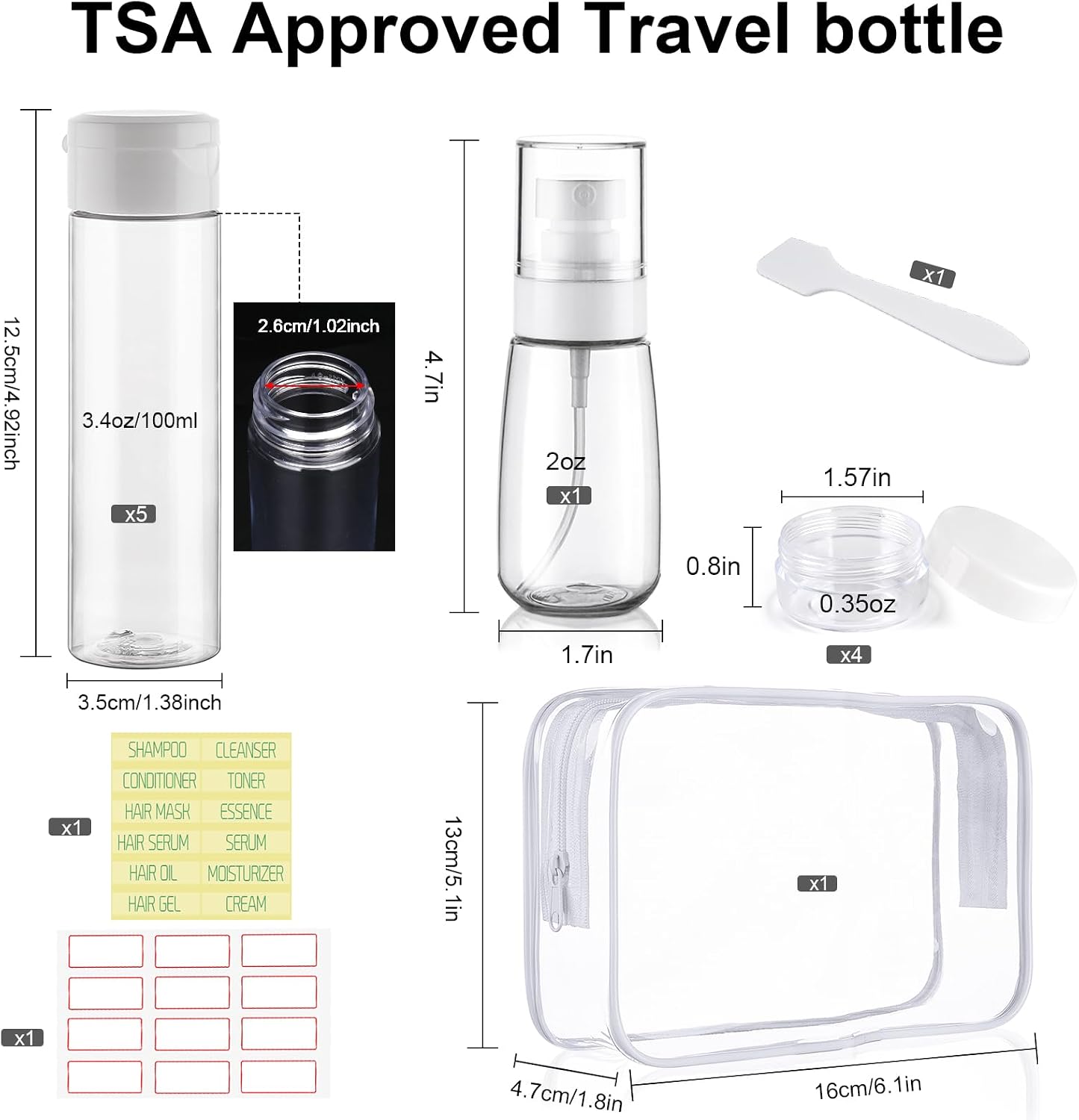 Travel Bottles for Toiletries 9 PCS 3.4oz Wide Mouth Clear Bottles | Wide Mouth, TSA Approved, Leak Proof, 0.35oz Cream Jars, 2oz Spray Bottle, for Shampoo, with lable, and a Toiletry Bag