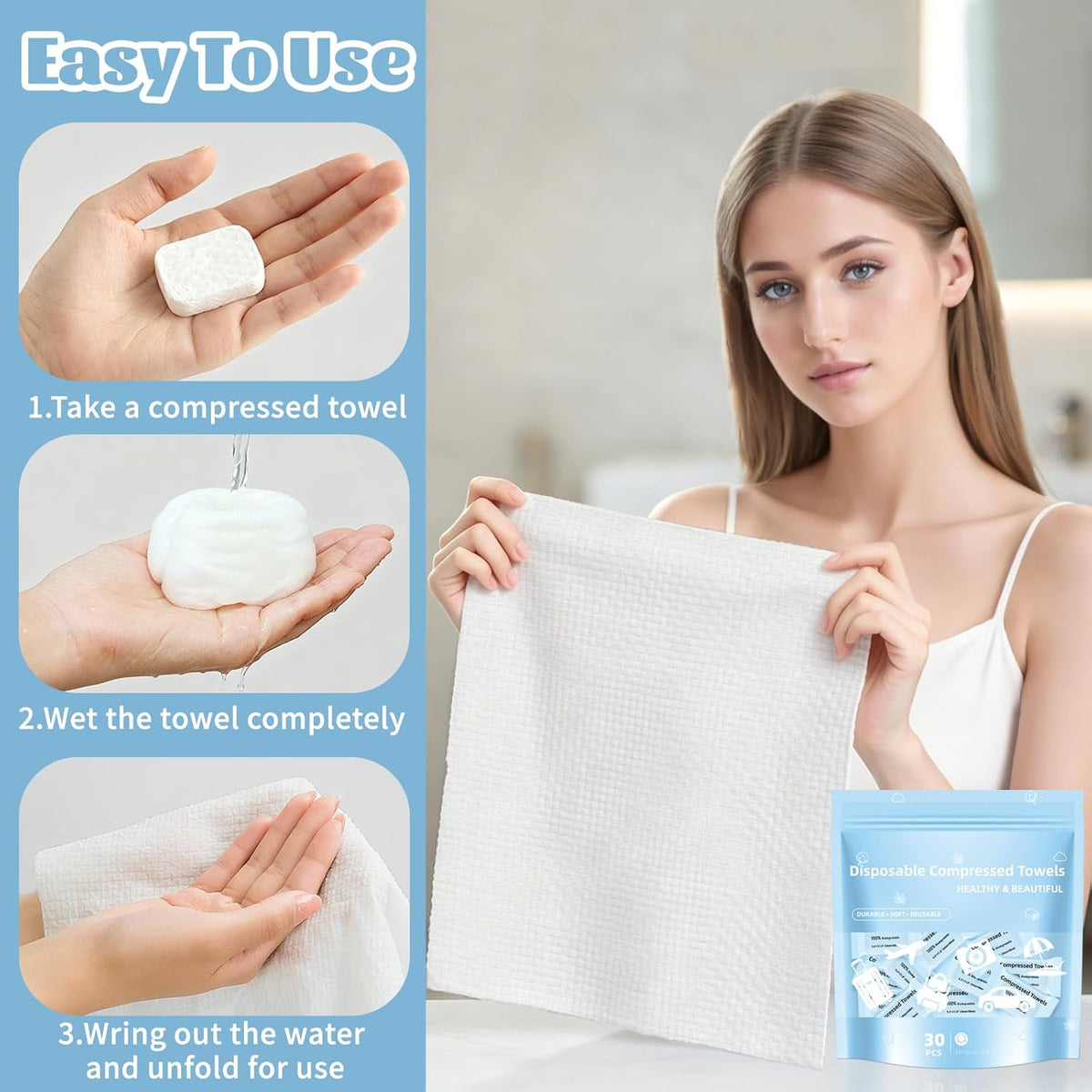 Compressed Towels, Large Size Disposable Face Compressed Towel, 30 PCS Ultra Soft Portable Washcloths Tablets Reusable for Travel, Camping, Hiking, Sport, Beauty, Home Hand Cloths, Outdoor