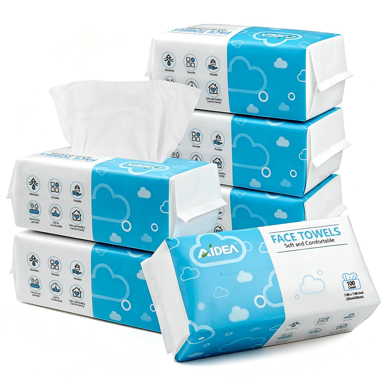 AIDEA Face Towels Disposable-200Ct (4 Box), Face Cloths for Sensitive Skin | Clean Facial Towels, Facial Cleansing Wipes, Face Towelettes for Makeup Removing, Nursing, Travel, Dry Wipes