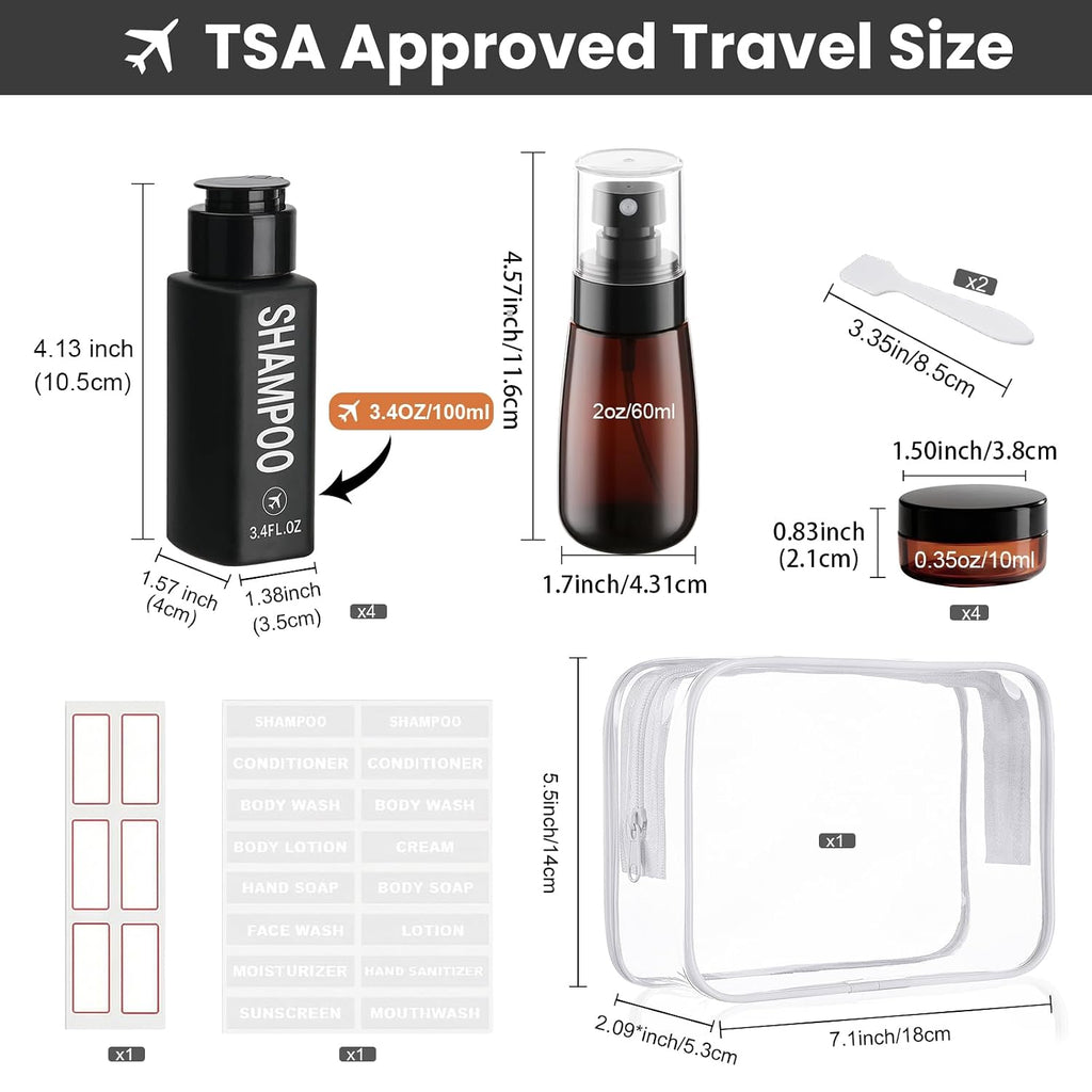 Travel Bottles for Toiletries 14PCS 3.4oz Pre-Printed Containers | Pre-Printed Shampoo, Conditioner, Body Wash, TSA Approved, Wide Mouth, Leak Proof Black Kit, Travel Spray Bottle, Cream Jars