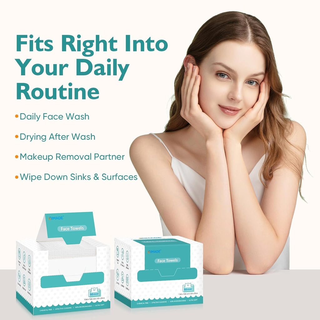 UNIMADE Face Towels, 100 Count Disposable Face Towelette | for Washing Face, Skincare, Ultra Soft Facial Towel for Sensitive Skin, Lint-free Makeup Remover Dry Wipes - 2 Box