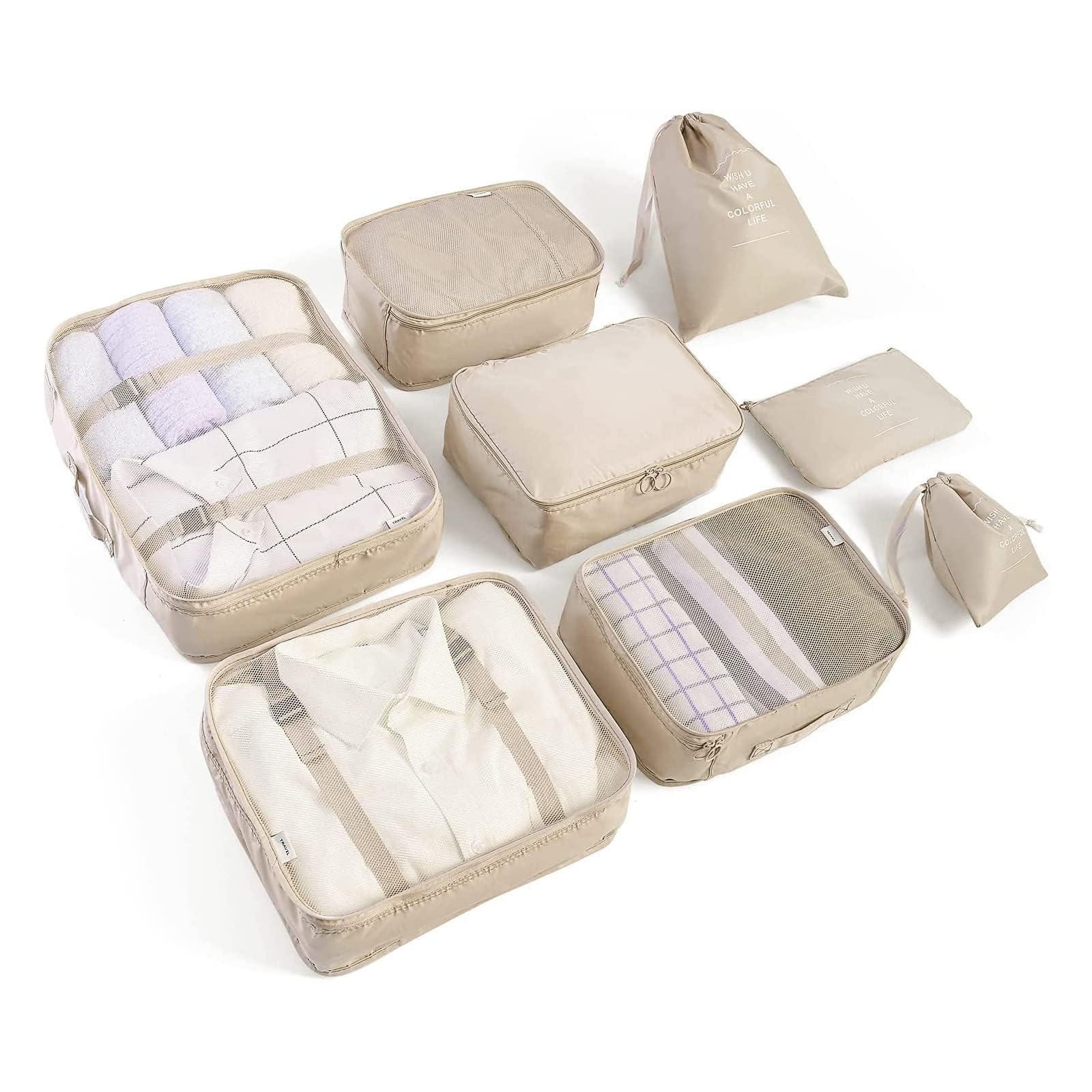 LANSKLBD 6/8 Set Packing Cubes for Suitcases Travel Luggage Packing Organizers,Travel Accessories Essentials Luggage Organizer with Shoe/Tioletry/Laundry Bag (Beige, 6 set)