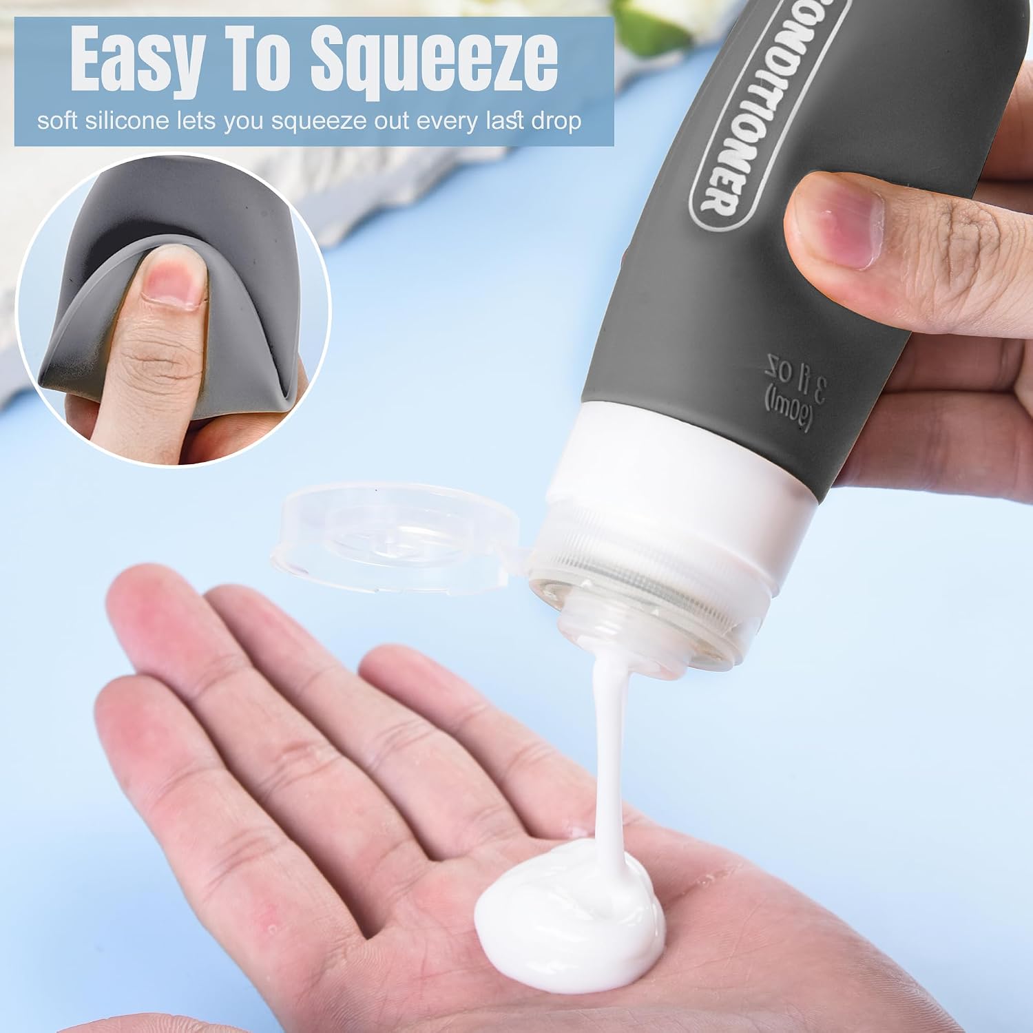 Pre-printed Silicone Travel Bottles for Toiletries 3oz | TSA Approved, Leak Proof, Squeezable Containers For Shampoo Conditioner, Travel Essentials, with Clear Bag, 4 Pack