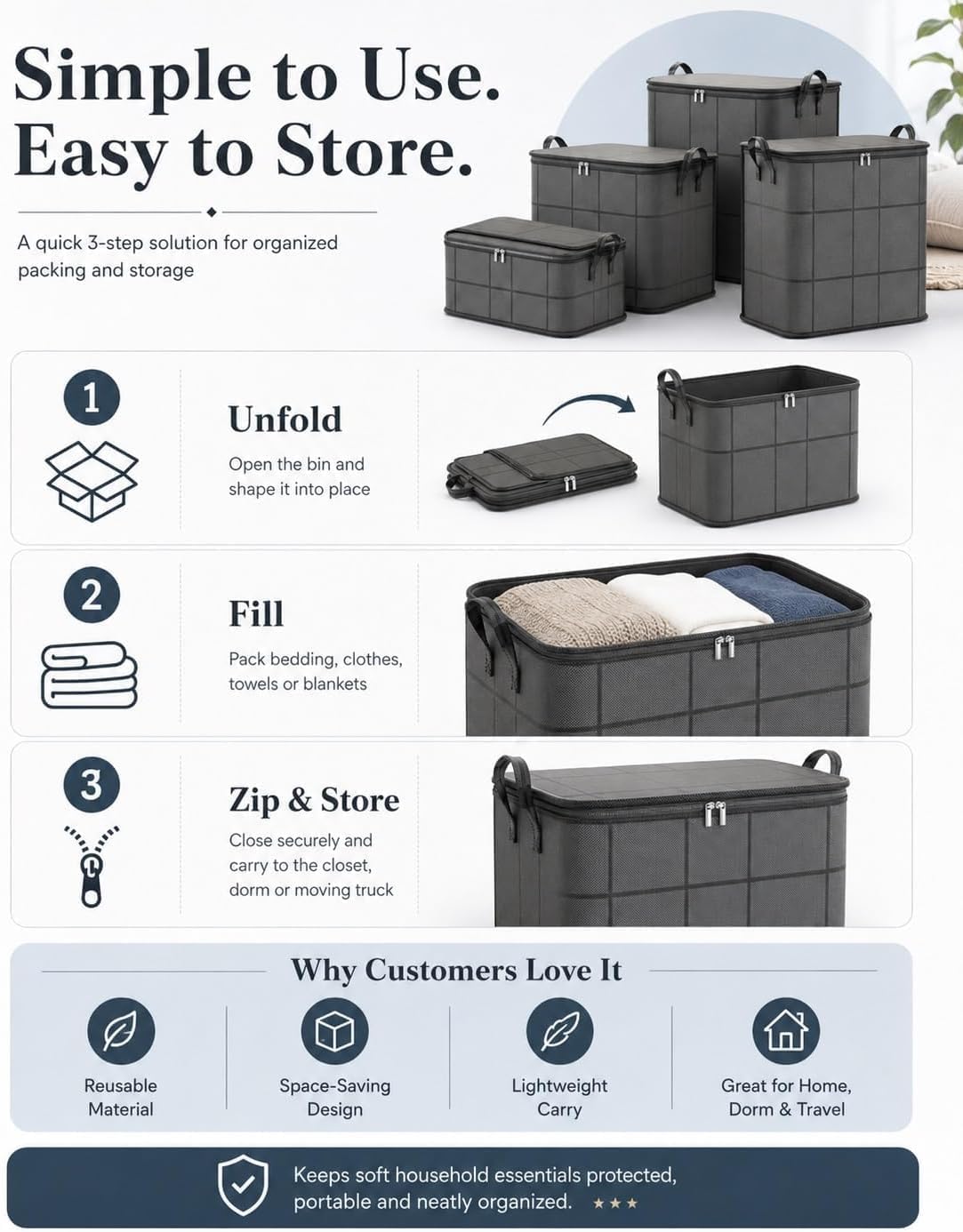 XXL Foldable Storage Bag with Reinforced Handles, Extra Large Portable Moving Storage Bags, Spacious Moving Storage Bin, Clothes Storage Containers for Bedroom, Closet, Clothing, Comforter，XXL: 180L：3