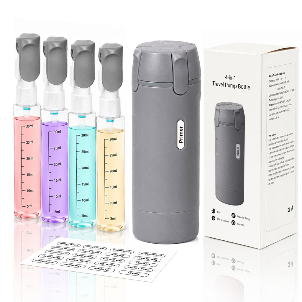 4-in-1 Travel Dispenser Bottle,4 Pack 30ML Travel Bottles for Toiletries, Leak Proof Travel Size Containers (Black)
