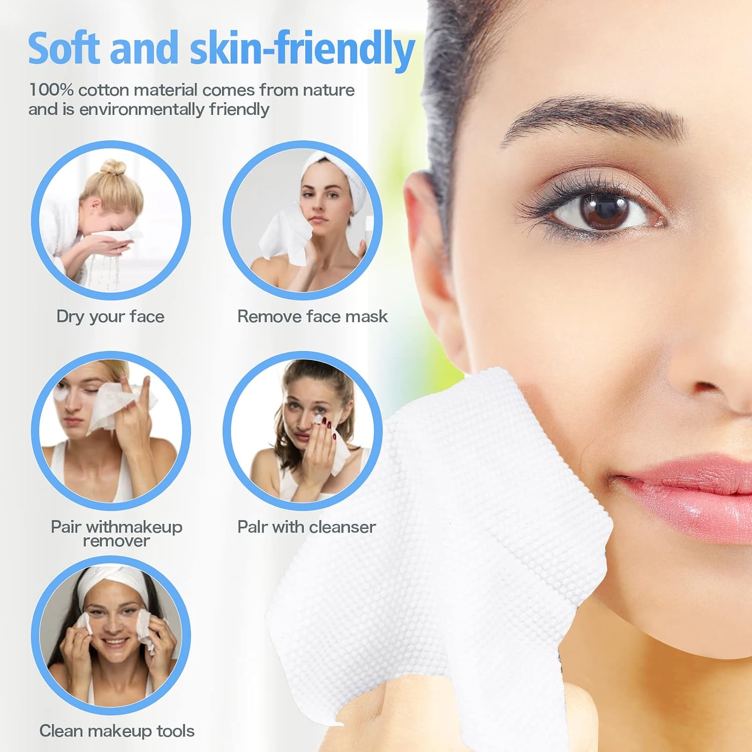 100 Count Disposable Face Towel,Thickening Ultra Soft Washcloths,Facial Cotton Tissue,Lint-free cotton dry wipes Multi-Purpose for Skin Care,Make-up Wipes,Face Wipes and Facial Cleansing