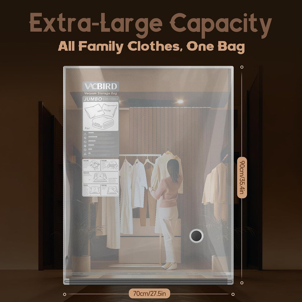 Vacbird Jumbo Vacuum Storage Bags for Bedding, Blanket Storage Space Saver | Jumbo Capacity for Bulky Bedding, Transparent Design, Electric Pump Replaces Vacuum Cleaner for Fast Easy Compression