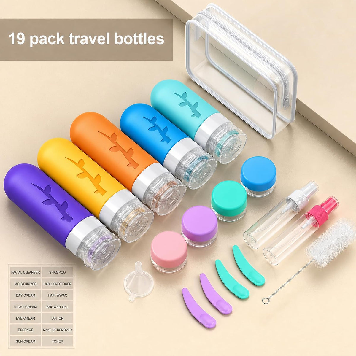 Aeomni 19pack TSA Approved Travel Bottles for Toiletries - Silicone travel size Containers, Leak Proof Size Toiletries, Refillable Shampoo and Conditioner Bottles, Travel Essentials