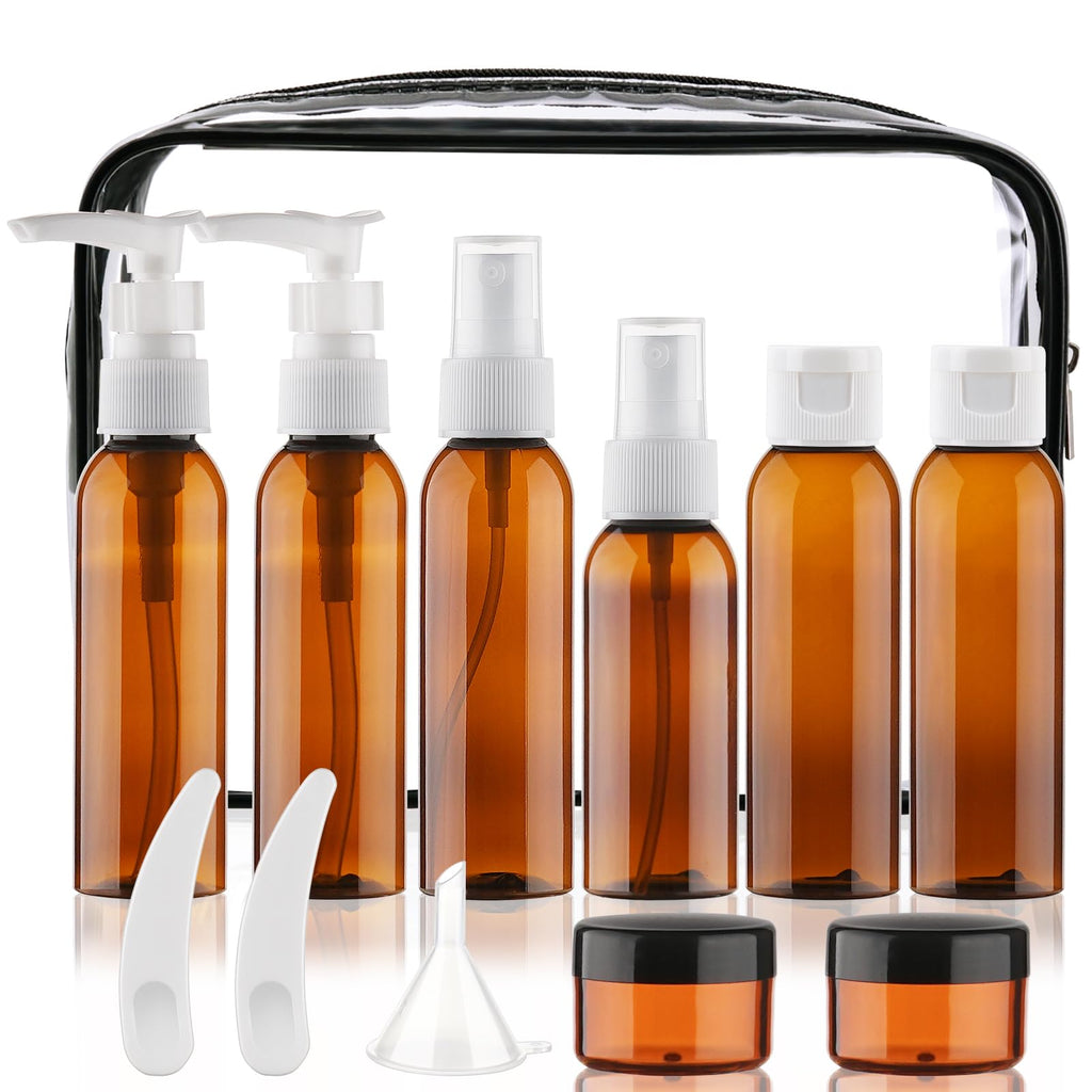 Cosywell 13-Piece 2 oz TSA Approved Travel Bottles for Toiletries Kit | Refillable set Includes Pump, Spray and Flip-cap Bottles, Cream Jars, Spatulas, Funnel and Clear Bag for Shampoo and Lotion