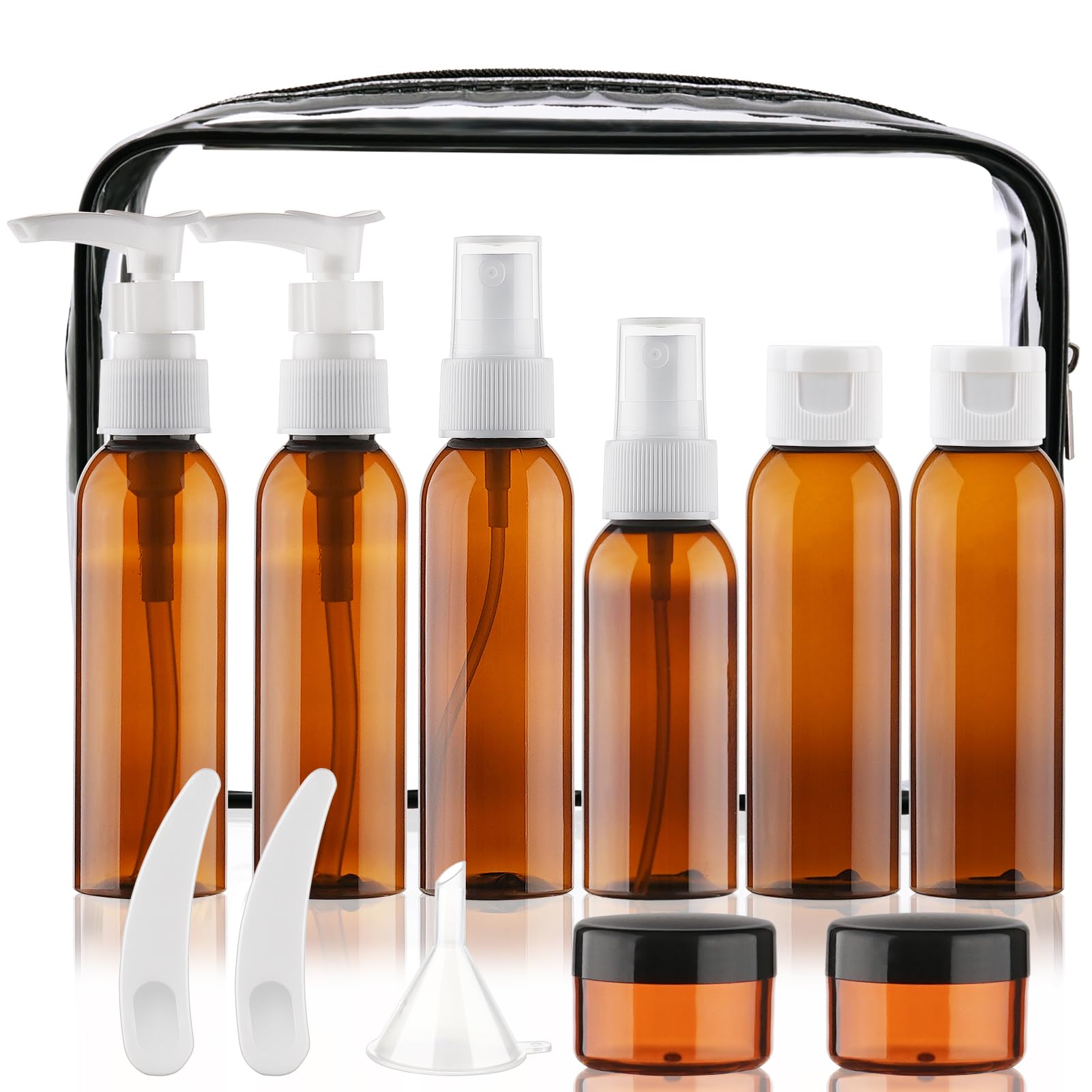Cosywell 13-Piece 2 oz TSA Approved Travel Bottles for Toiletries Kit | Refillable set Includes Pump, Spray and Flip-cap Bottles, Cream Jars, Spatulas, Funnel and Clear Bag for Shampoo and Lotion