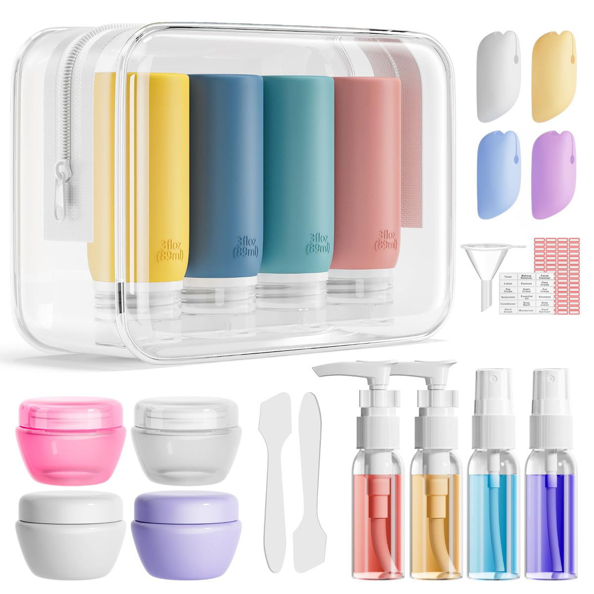 Muslish 21 Pack Travel Bottles for Toiletries, Leak-Proof TSA Compliant Silicone Travel Size Containers for Shampoo and Conditioner, BPA Free with Toiletry Bag (Cream)