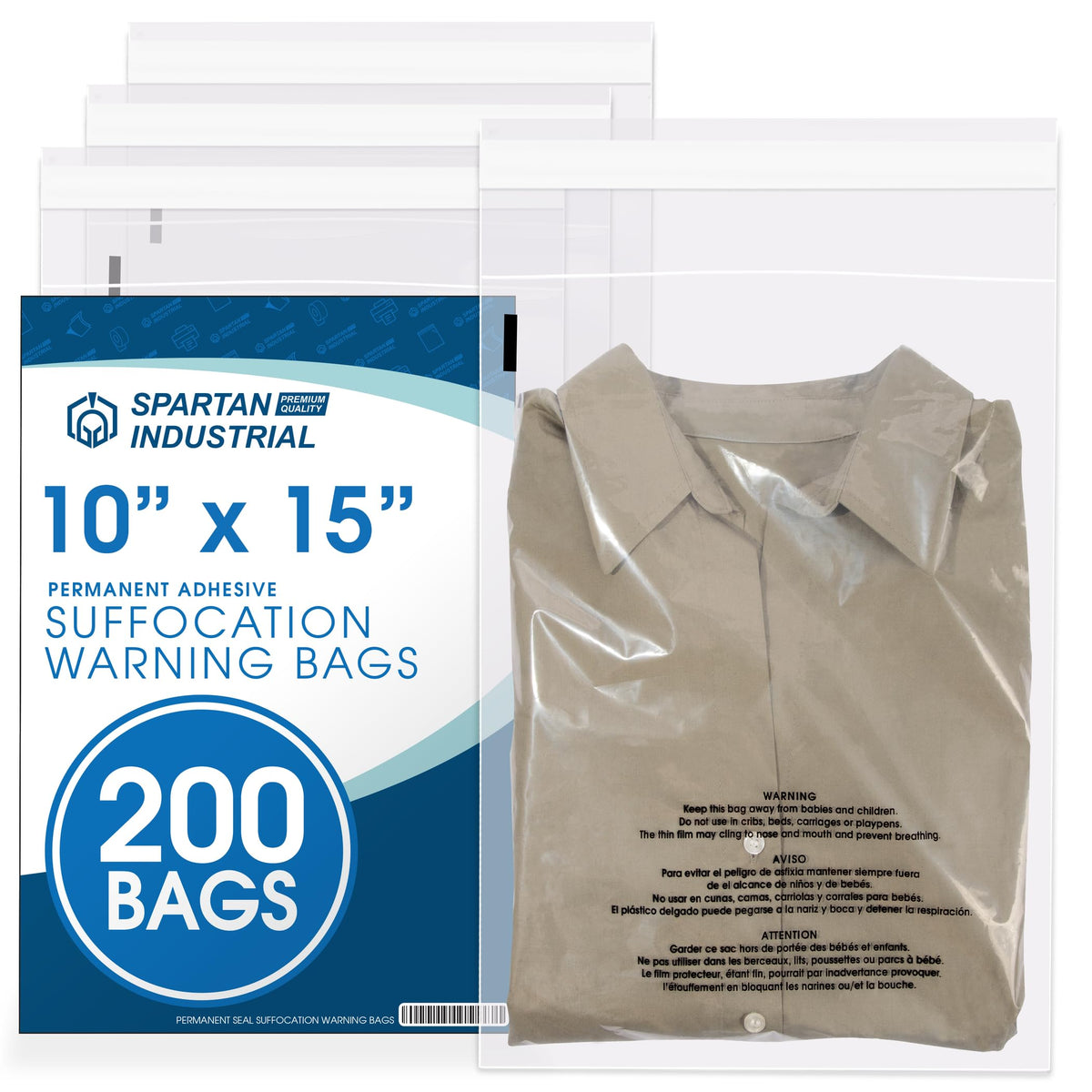 14” X 20” (200 Count) Self Seal Clear Poly Bags with Suffocation Warning | for Packaging, Clothes - Permanent Adhesive - Spartan Industrial