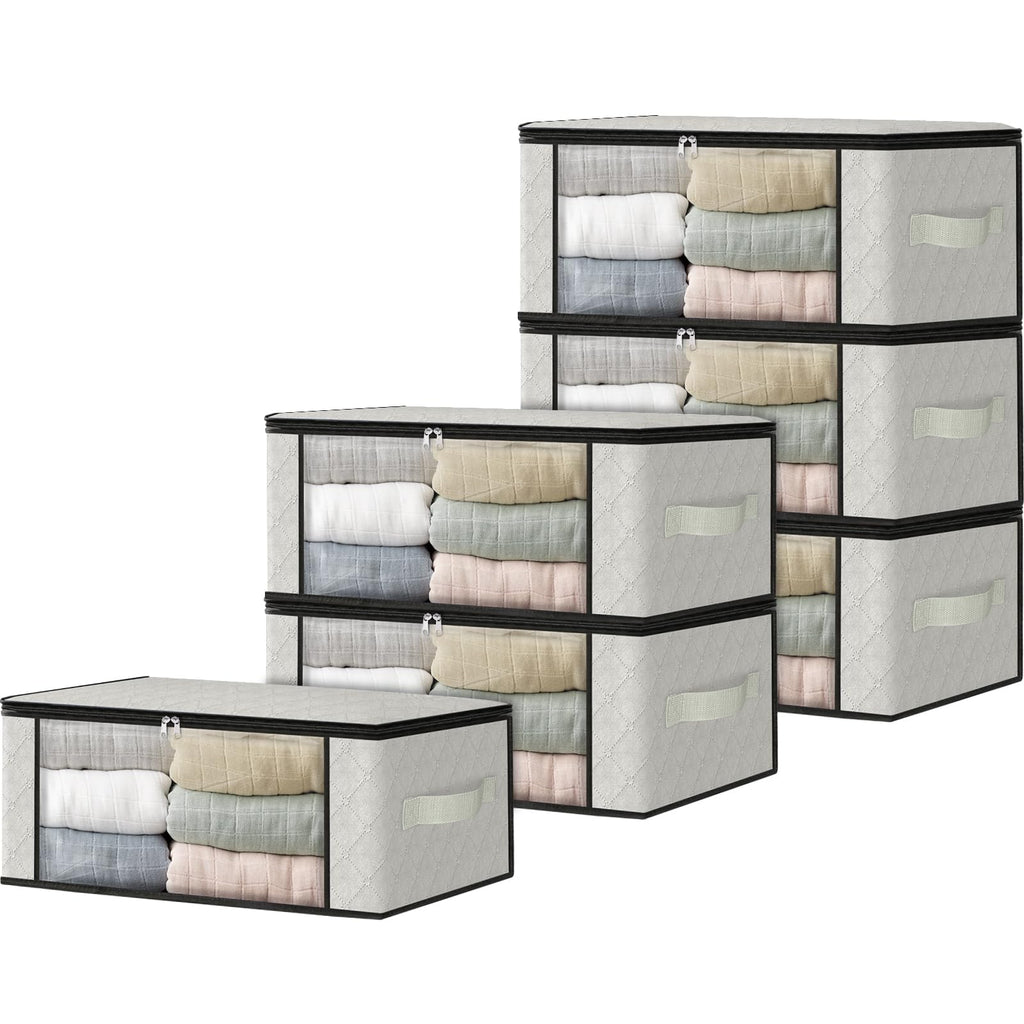 HomeHacks 3-Pack Clothes Organizer Storage Bags, 35L Storage Bins, Gray | Foldable Storage Box Container with Zippers, Clear Window, Reinforced Handles for Closet, Dorm, Pillows, Bedding, Sweater