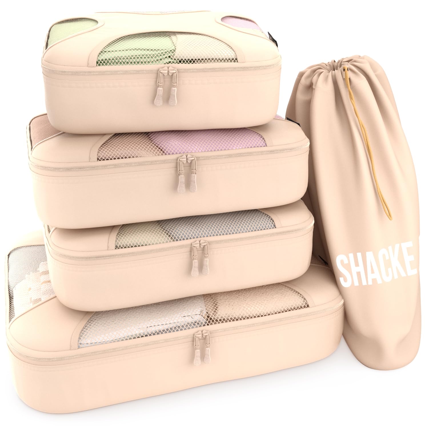 Shacke 5 Set Packing Cubes for Travel with Laundry Bag (Pure Black) | Suitcase Organizer Bags Set: 4 Water-Resistant Luggage Cubes, XL to Small, + Laundry Bag for Carry-On or Checked