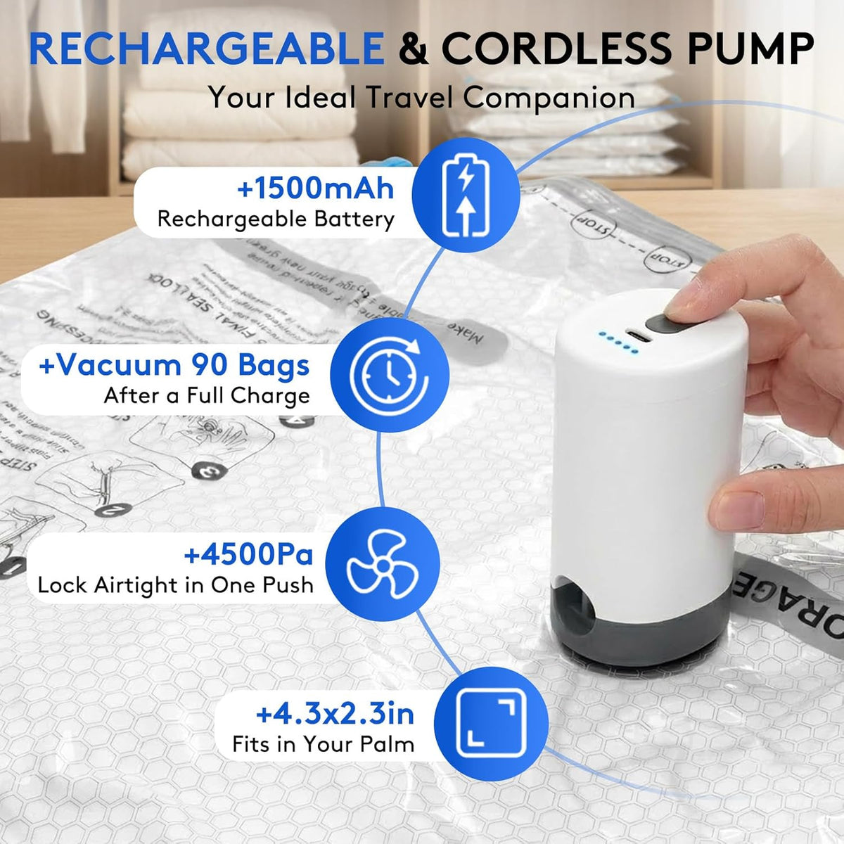 15+1 Packs Vacuum Bags for Travel with Rechargeable Pump, 3 Sizes Vacuum Seal Bags for Clothing, Compression Vacuum Travel Bags for Luggage, Vacuum Packing Bags for Closet Organization
